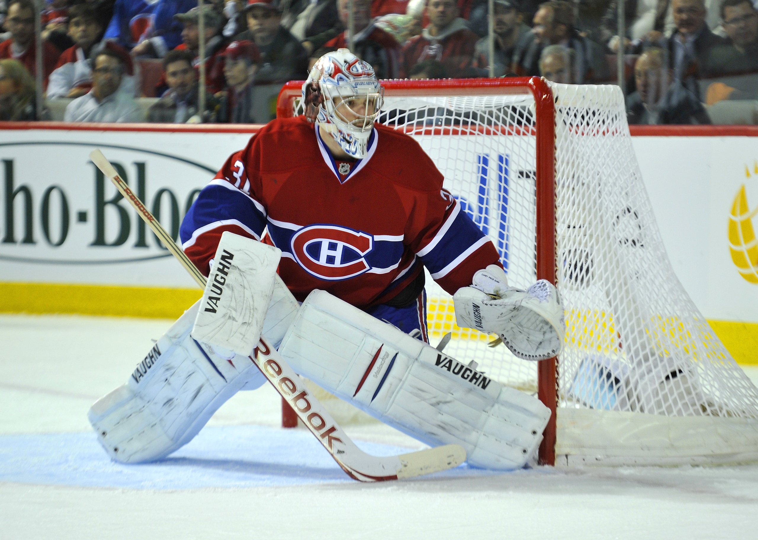 MONTREAL, QC - APRIL 18:  Carey Price #31 of the Montreal Canadiens follows the play in the corner during Game Three of the Eastern Conference Quarterfinals against the Boston Bruins during the 2011 NHL Stanley Cup Playoffs at the Bell Centre on April 18,