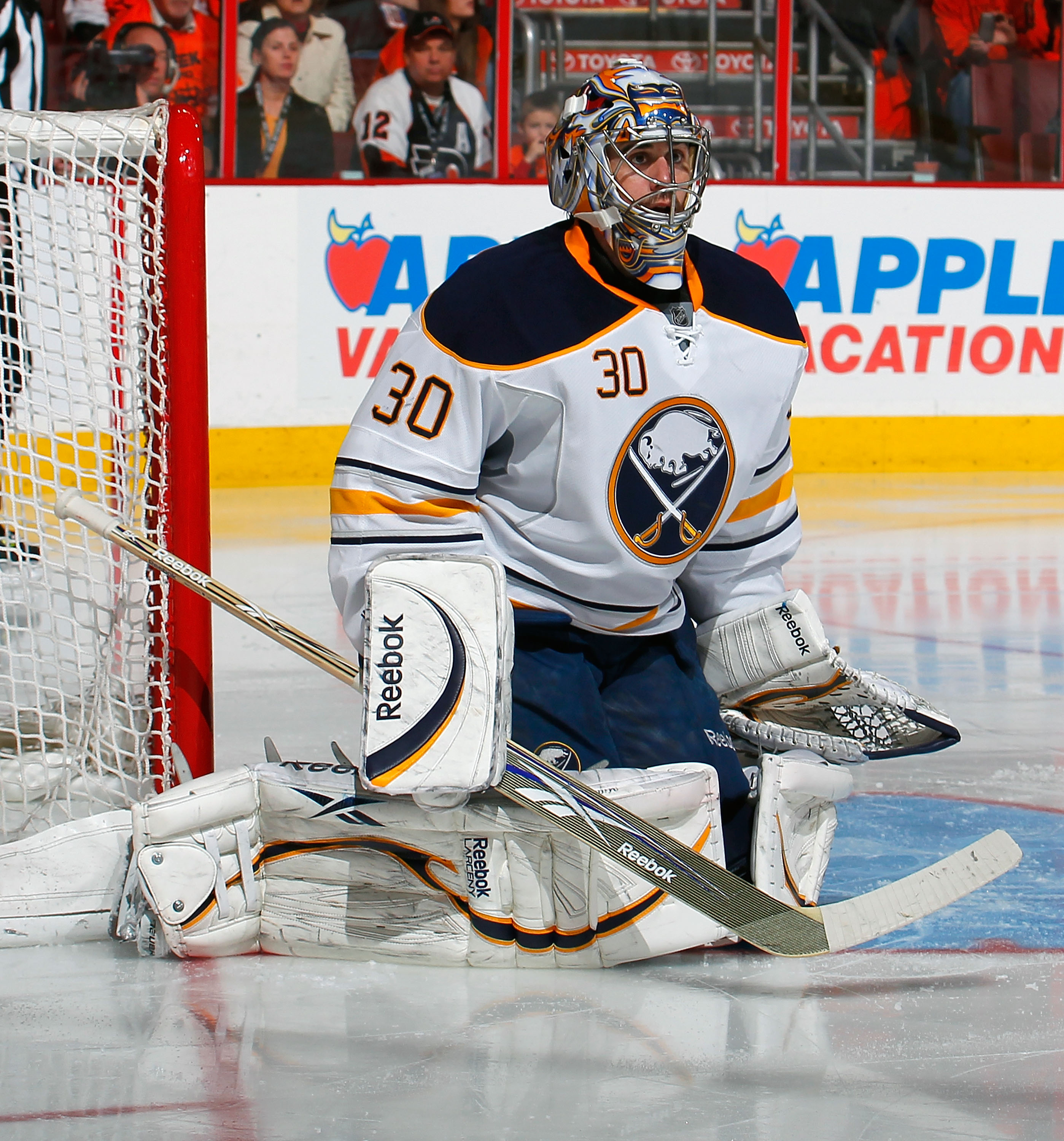 PHILADELPHIA, PA - APRIL 16:  Goalie Ryan Miller #30 of the Buffalo Sabres protects his goal against the Philadelphia Flyers in Game Two of the Eastern Conference Quarterfinals during the 2011 NHL Stanley Cup Playoffs at Wells Fargo Center on April 16, 20