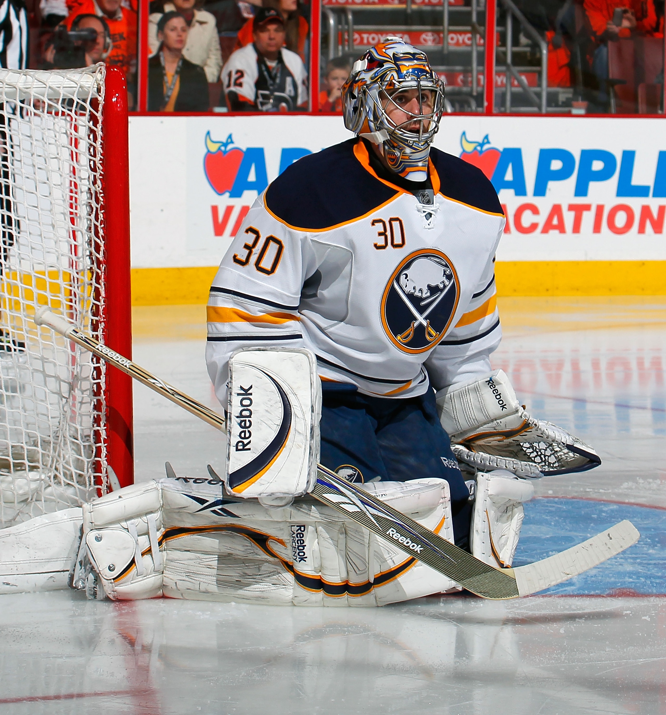 PHILADELPHIA, PA - APRIL 16:  Goalie Ryan Miller #30 of the Buffalo Sabres protects his goal against the Philadelphia Flyers in Game Two of the Eastern Conference Quarterfinals during the 2011 NHL Stanley Cup Playoffs at Wells Fargo Center on April 16, 20