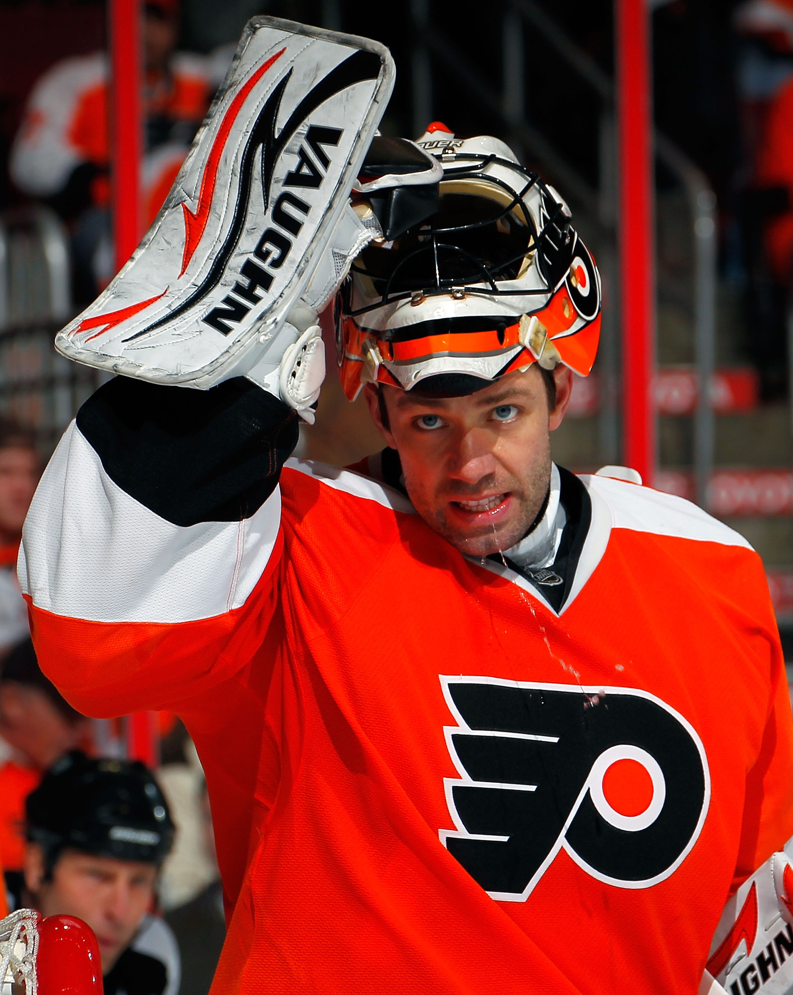 PHILADELPHIA, PA - APRIL 16:  Goalie Brian Boucher #33 of the Philadelphia Flyers skates in a timeout in Game Two of the Eastern Conference Quarterfinals against the Buffalo Sabres during the 2011 NHL Stanley Cup Playoffs at Wells Fargo Center on April 16