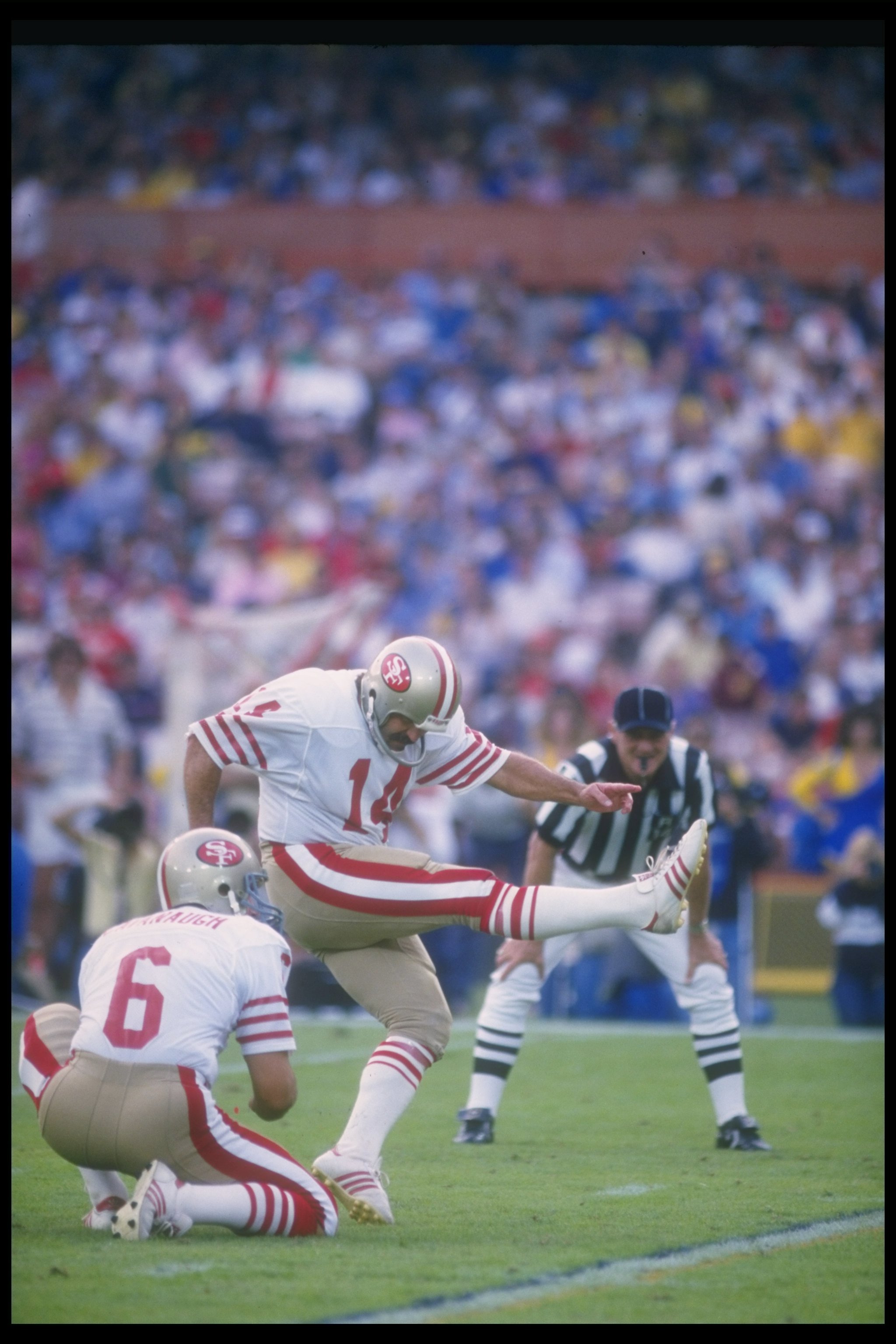 27 Oct 1985:  Kicker Ray Wersching of the San Francisco 49ers kicks the ball during a game against the Los Angeles Rams at Anaheim Stadium in Anaheim, California.  The 49ers won the game, 28-14. Mandatory Credit: Mike Powell  /Allsport