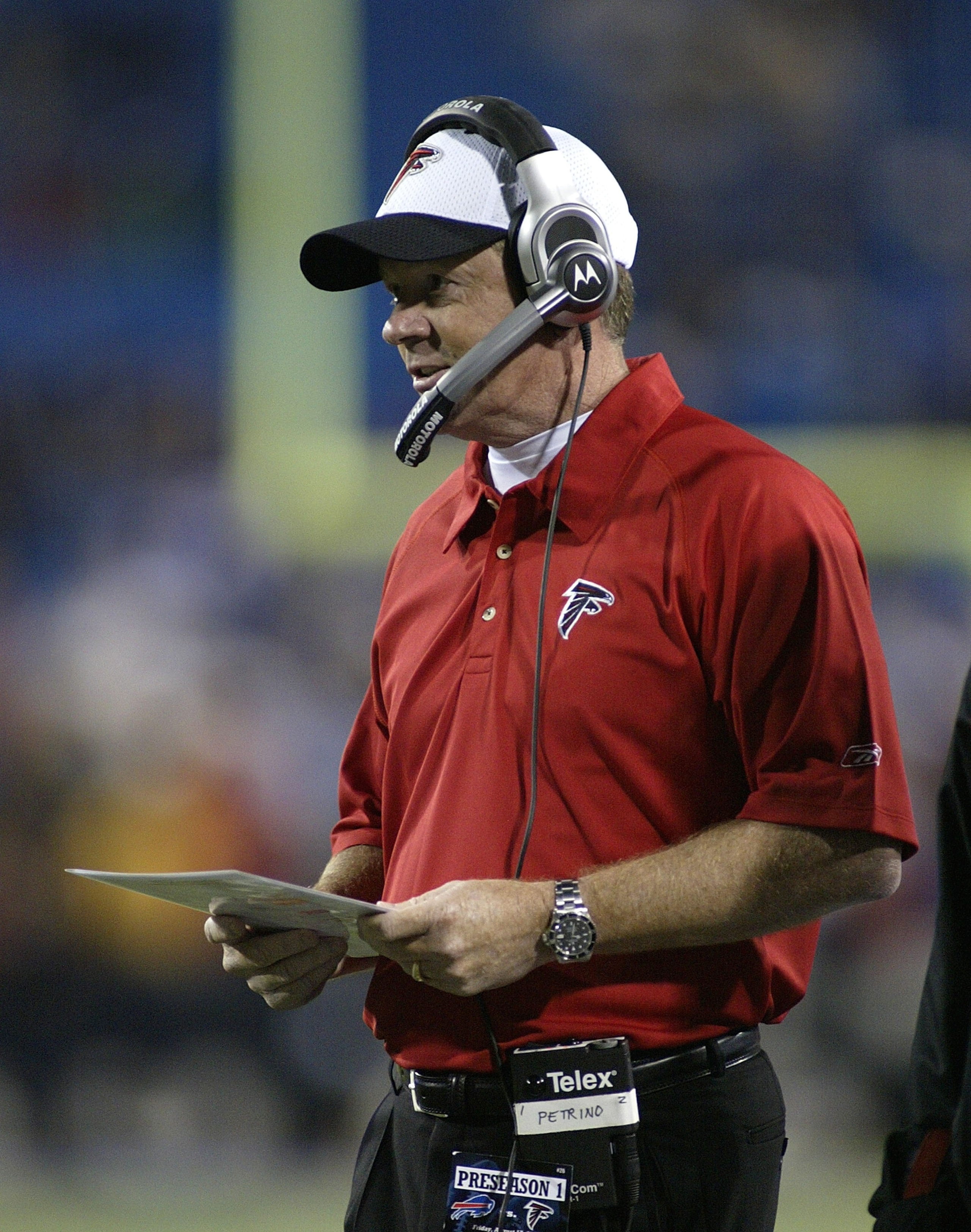ORCHARD PARK , NY - AUGUST 17: Bobby Petrino, head coach of the Atlanta Falcons watches play against the Buffalo Bills on August 17, 2007 at Ralph Wilson Stadium in Orchard Park, New York.  (Photo by Rick Stewart/Getty Images)