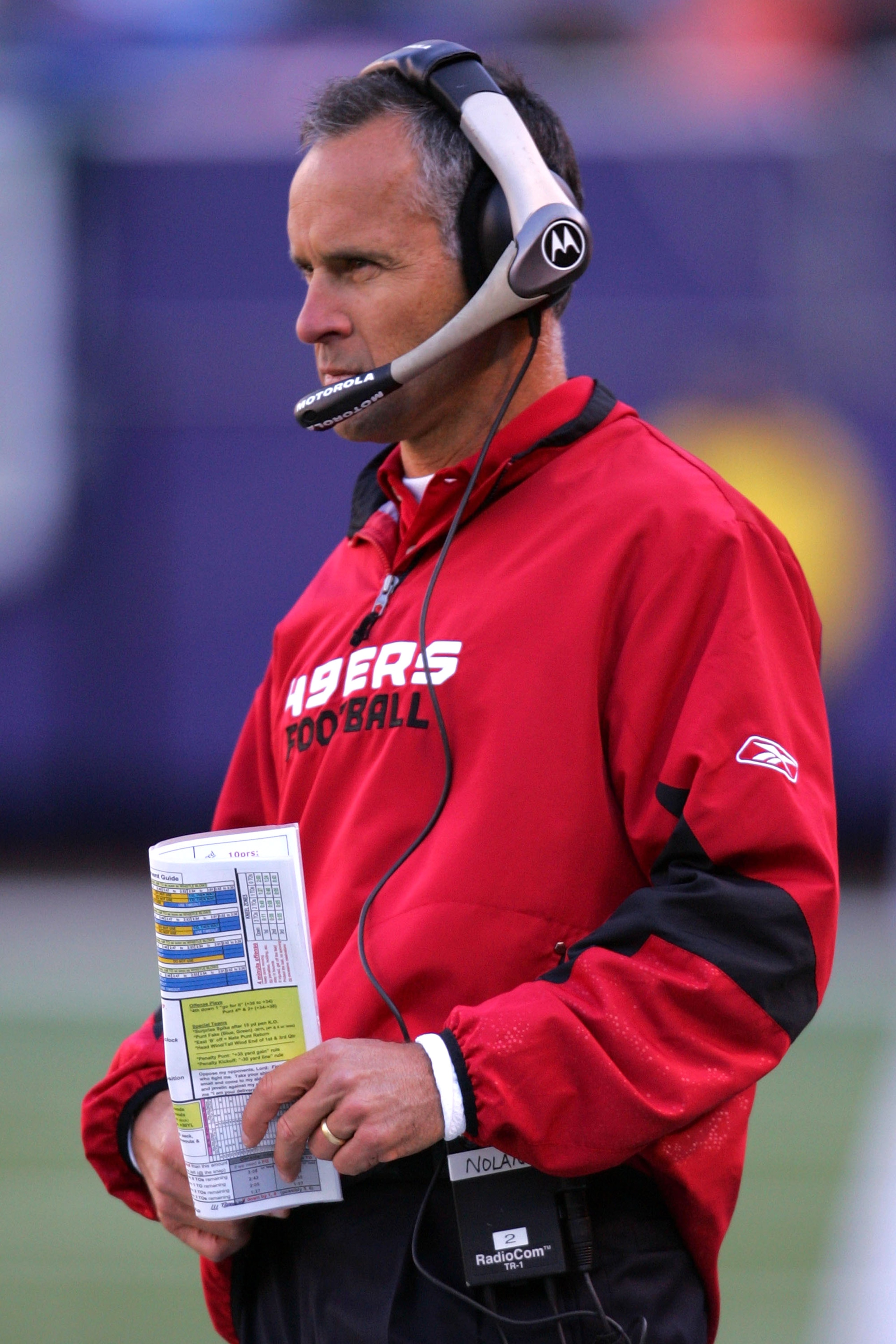 EAST RUTHERFORD, NJ - OCTOBER 19:  Head coach Mike Nolan of the San Francisco 49ers watches the game from the sideline against the New York Giants on October 19, 2008 at Giant Stadium in East Rutherford, New Jersey. The Giants defeated the 49ers 27-19.  (
