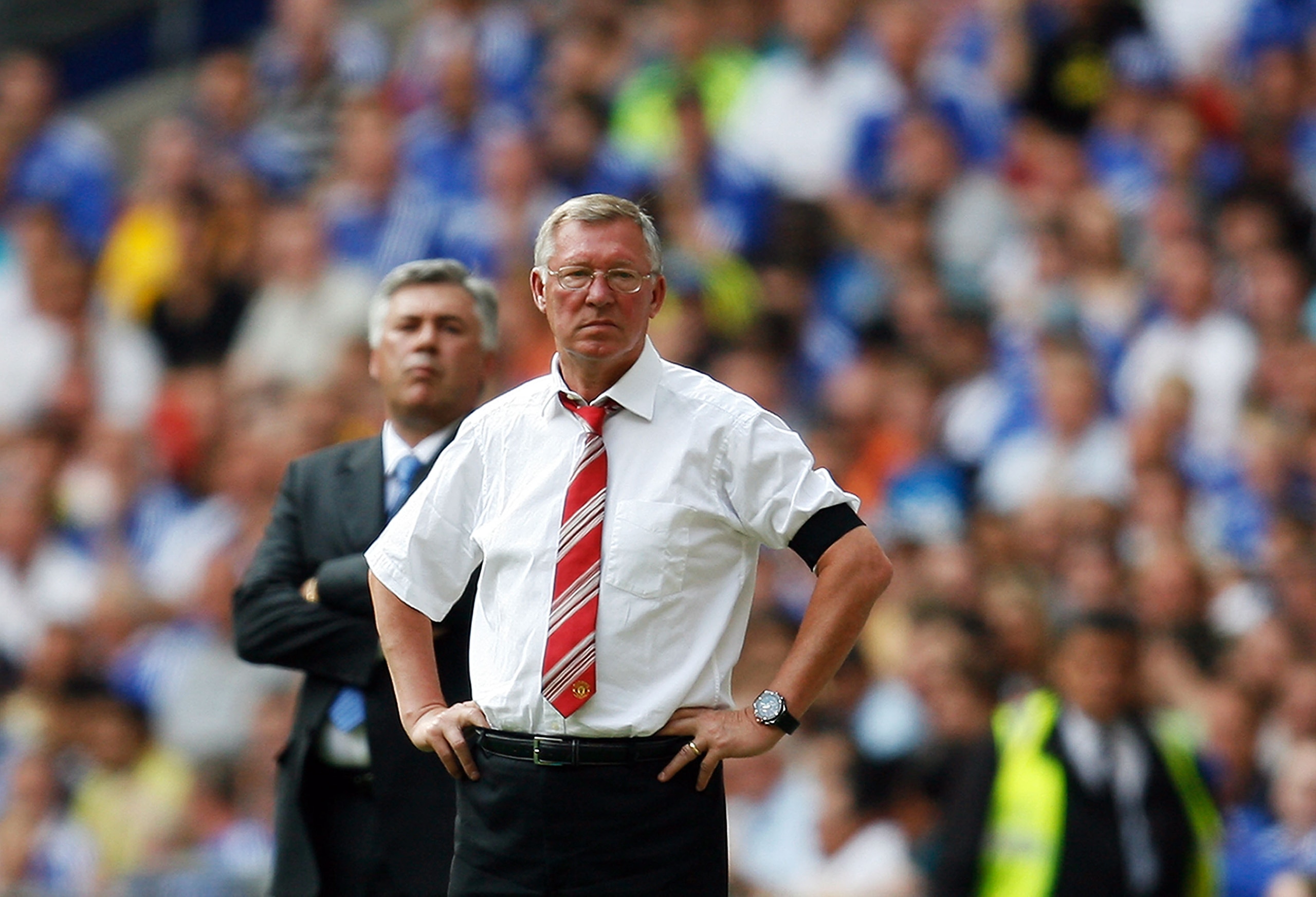 LONDON, ENGLAND - AUGUST 09: Sir Alex Ferguson manager of Manchester United and Carlo Ancelotti manager of Chelsea look on during the FA Community Shield match between Manchester United and Chelsea at Wembley Stadium on August 9, 2009 in London, England. LONDON, ENGLAND - AUGUST 09: Sir Alex Ferguson manager of Manchester United and Carlo Ancelotti manager of Chelsea look on during the FA Community Shield match between Manchester United and Chelsea at Wembley Stadium on August 9, 2009 in London, England.