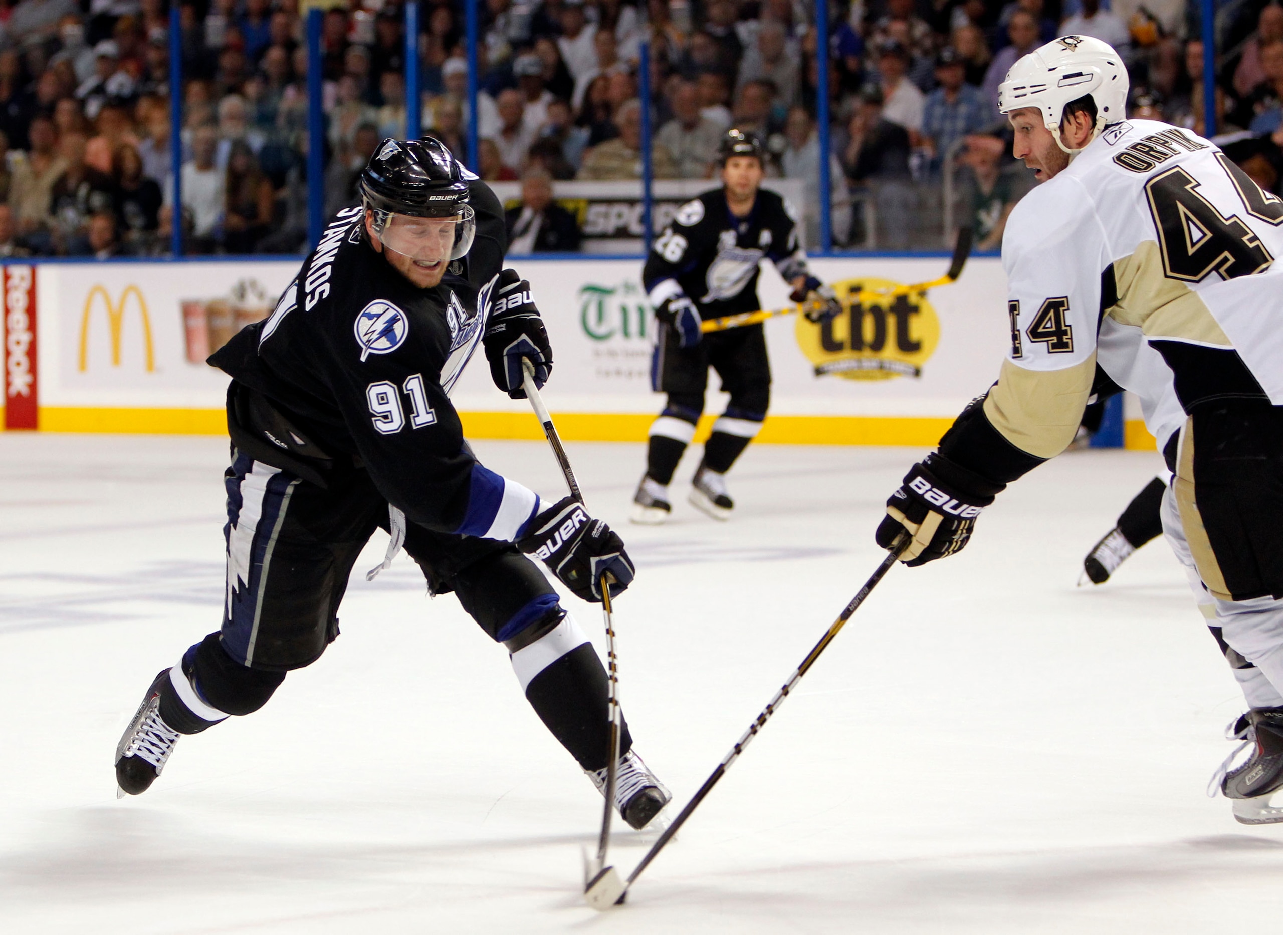 TAMPA, FL - APRIL 20: Steven Stamkos #91 of the Tampa Bay Lightning shoots the puck against Brooks Orpik #44 of the Pittsburgh Penguins in Game Four of the Eastern Conference Quarterfinals during the 2011 NHL Stanley Cup Playoffs at the St. Pete Times For TAMPA, FL - APRIL 20: Steven Stamkos #91 of the Tampa Bay Lightning shoots the puck against Brooks Orpik #44 of the Pittsburgh Penguins in Game Four of the Eastern Conference Quarterfinals during the 2011 NHL Stanley Cup Playoffs at the St. Pete Times For