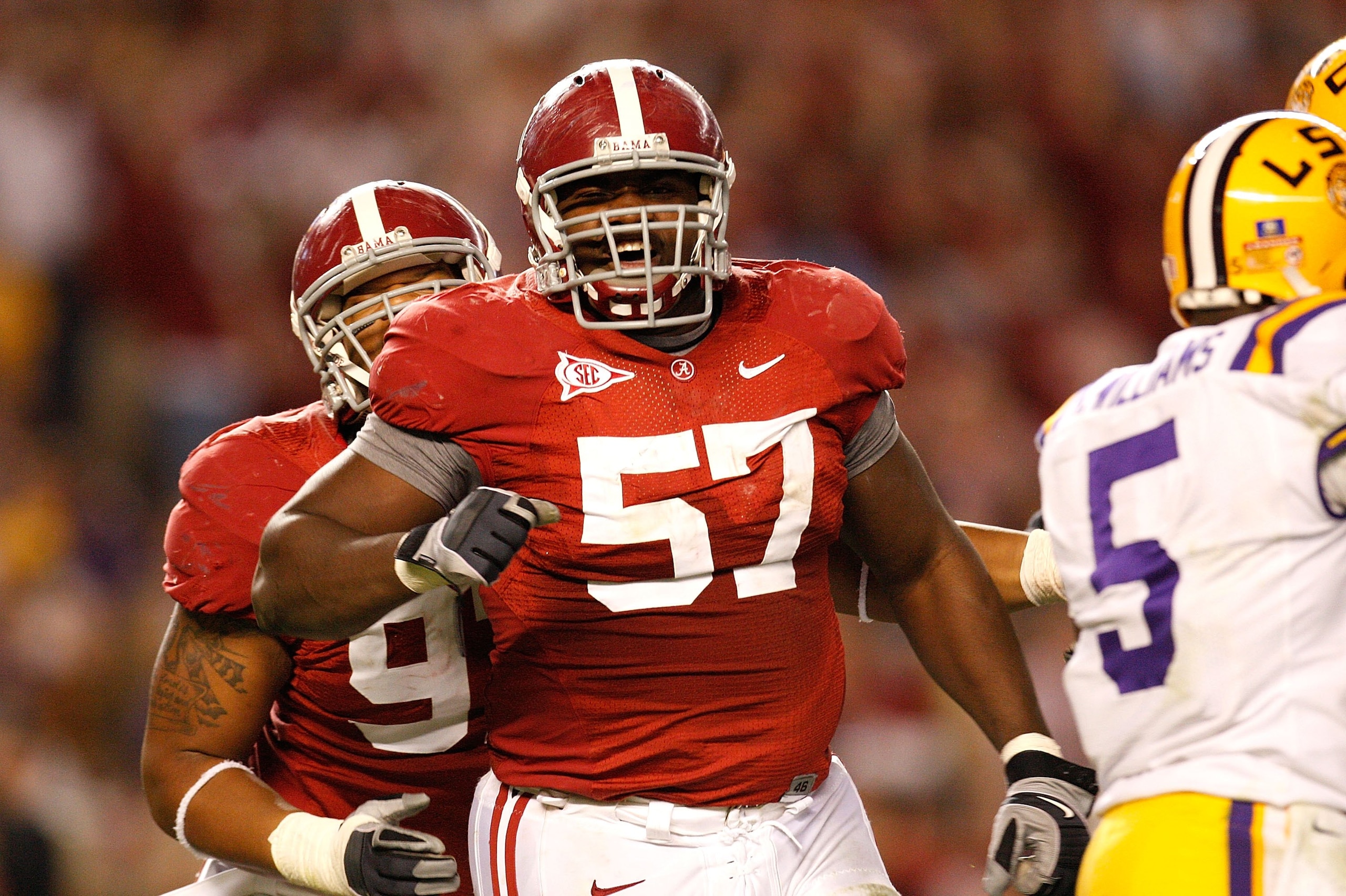TUSCALOOSA, AL - NOVEMBER 07: Marcell Dareus #57 of the Alabama Crimson Tide against the Louisiana State University Tigers at Bryant-Denny Stadium on November 7, 2009 in Tuscaloosa, Alabama. (Photo by Kevin C. Cox/Getty Images) TUSCALOOSA, AL - NOVEMBER 07: Marcell Dareus #57 of the Alabama Crimson Tide against the Louisiana State University Tigers at Bryant-Denny Stadium on November 7, 2009 in Tuscaloosa, Alabama. (Photo by Kevin C. Cox/Getty Images)