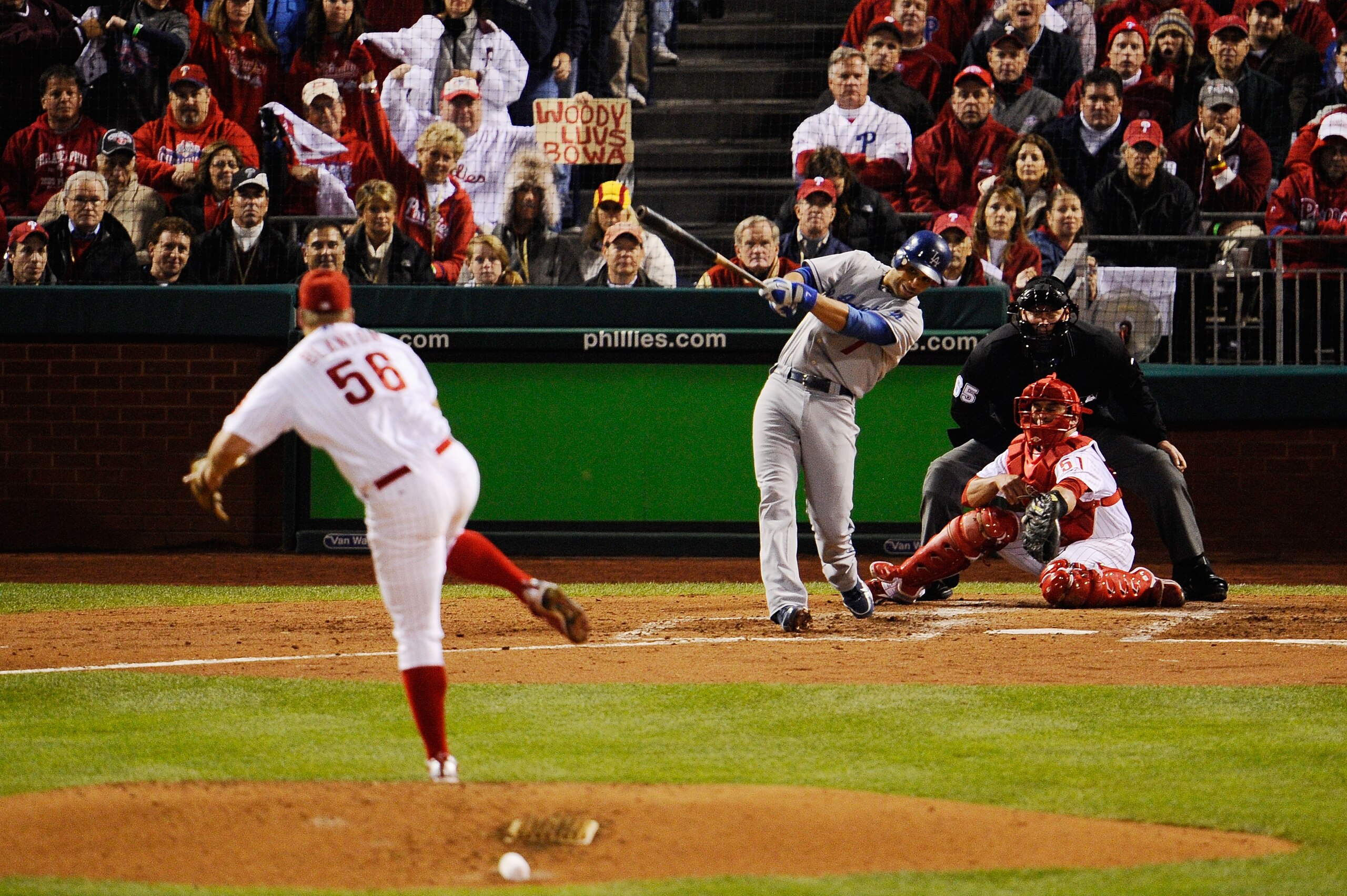 PHILADELPHIA - OCTOBER 19: James Loney #7 of the Los Angeles Dodgers hits a RBI single in the top of the fourth inning against Joe Blanton #56 of the Philadelphia Phillies in Game Four of the NLCS during the 2009 MLB Playoffs at Citizens Bank Park on Oct PHILADELPHIA - OCTOBER 19: James Loney #7 of the Los Angeles Dodgers hits a RBI single in the top of the fourth inning against Joe Blanton #56 of the Philadelphia Phillies in Game Four of the NLCS during the 2009 MLB Playoffs at Citizens Bank Park on Oct