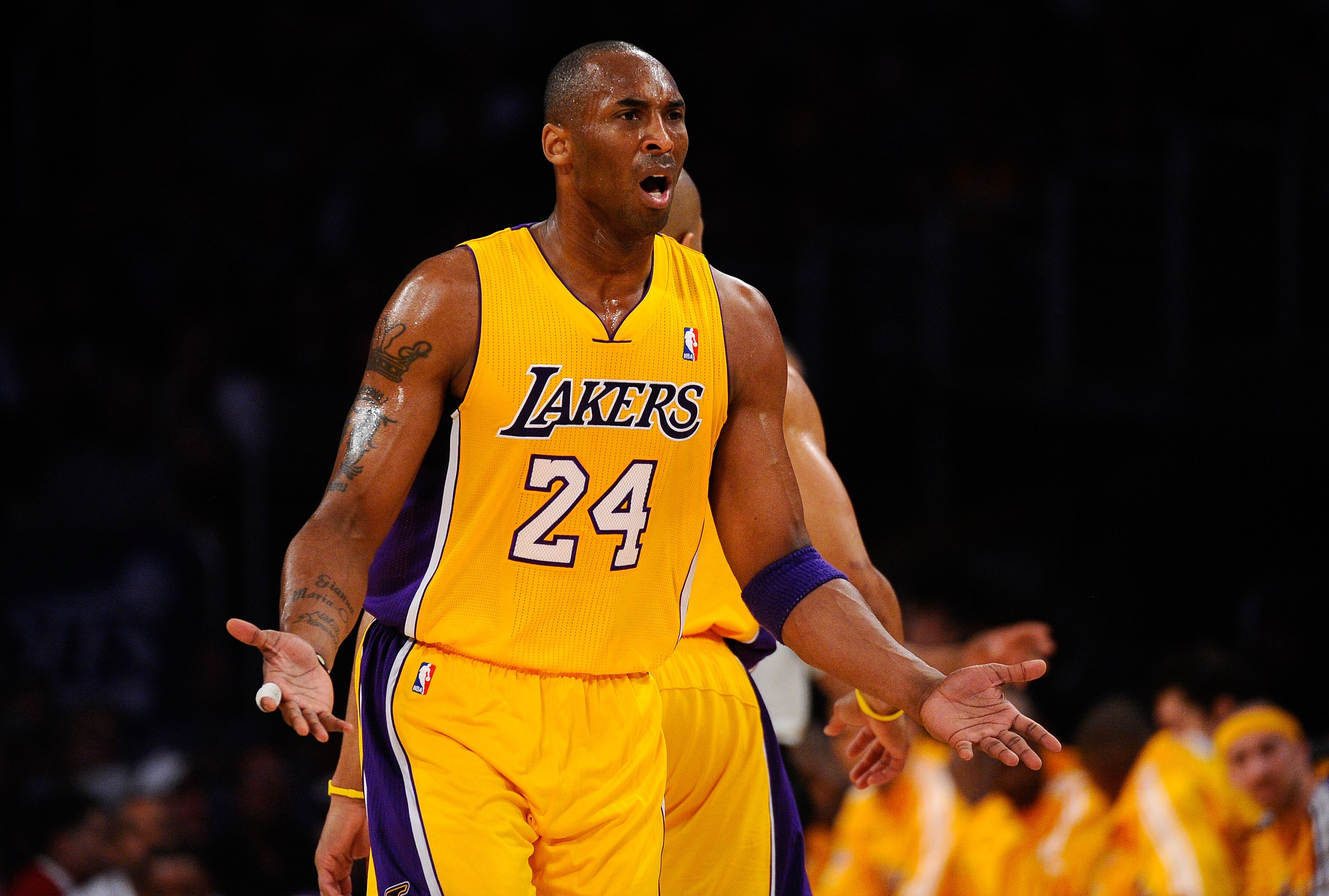 LOS ANGELES, CA - APRIL 20:  Kobe Bryant #24 of the Los Angeles Lakers reacts in the first quarter while taking on the New Orleans Hornets in Game Two of the Western Conference Quarterfinals in the 2011 NBA Playoffs on April 20, 2011 at Staples Center in