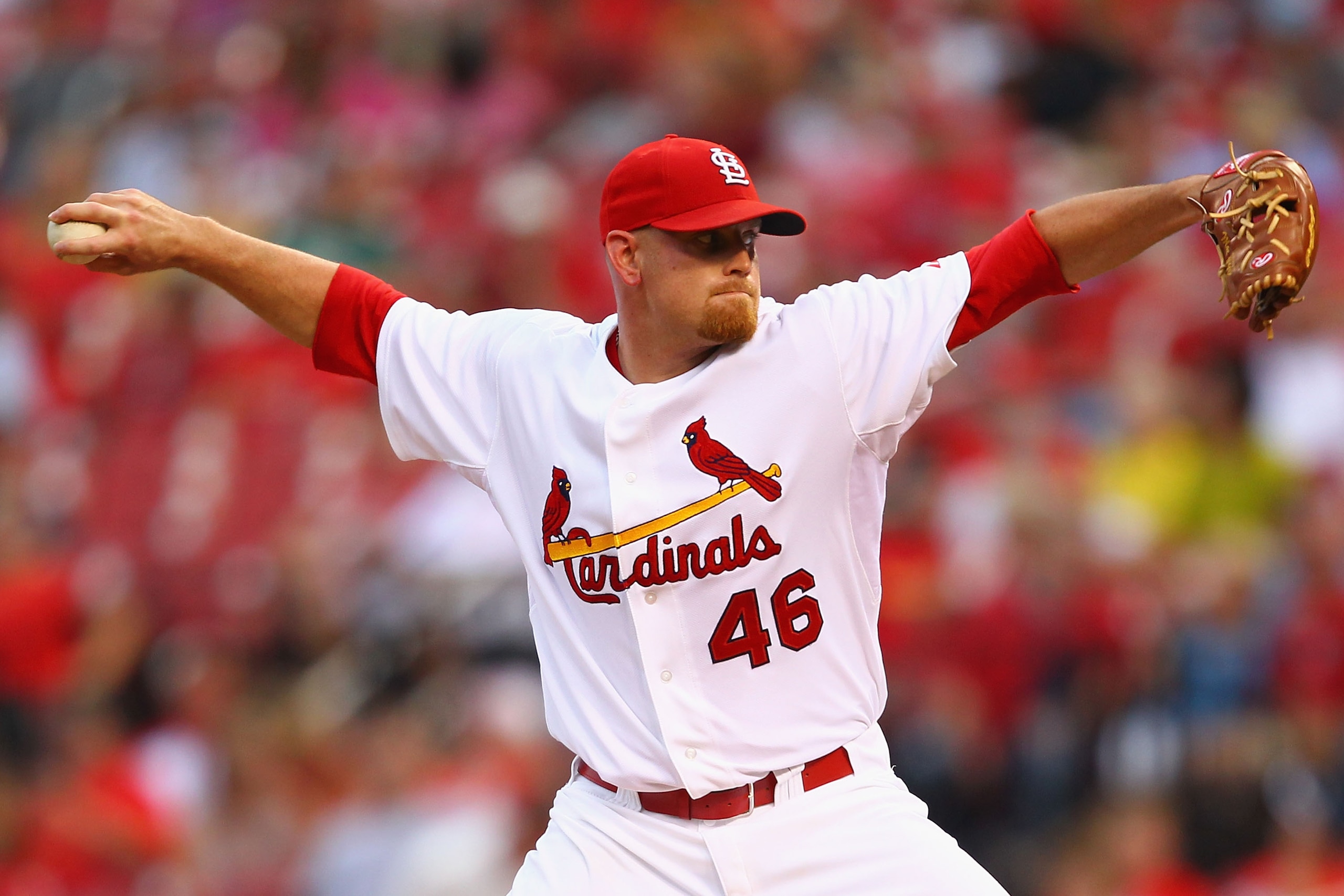ST. LOUIS - SEPTEMBER 18: Reliever Kyle McClellan #46 of the St. Louis Cardinals pitches against the San Diego Padres at Busch Stadium on September 18, 2010 in St. Louis, Missouri. The Padres beat the Cardinals 8-4. (Photo by Dilip Vishwanat/Getty Image ST. LOUIS - SEPTEMBER 18: Reliever Kyle McClellan #46 of the St. Louis Cardinals pitches against the San Diego Padres at Busch Stadium on September 18, 2010 in St. Louis, Missouri. The Padres beat the Cardinals 8-4. (Photo by Dilip Vishwanat/Getty Image