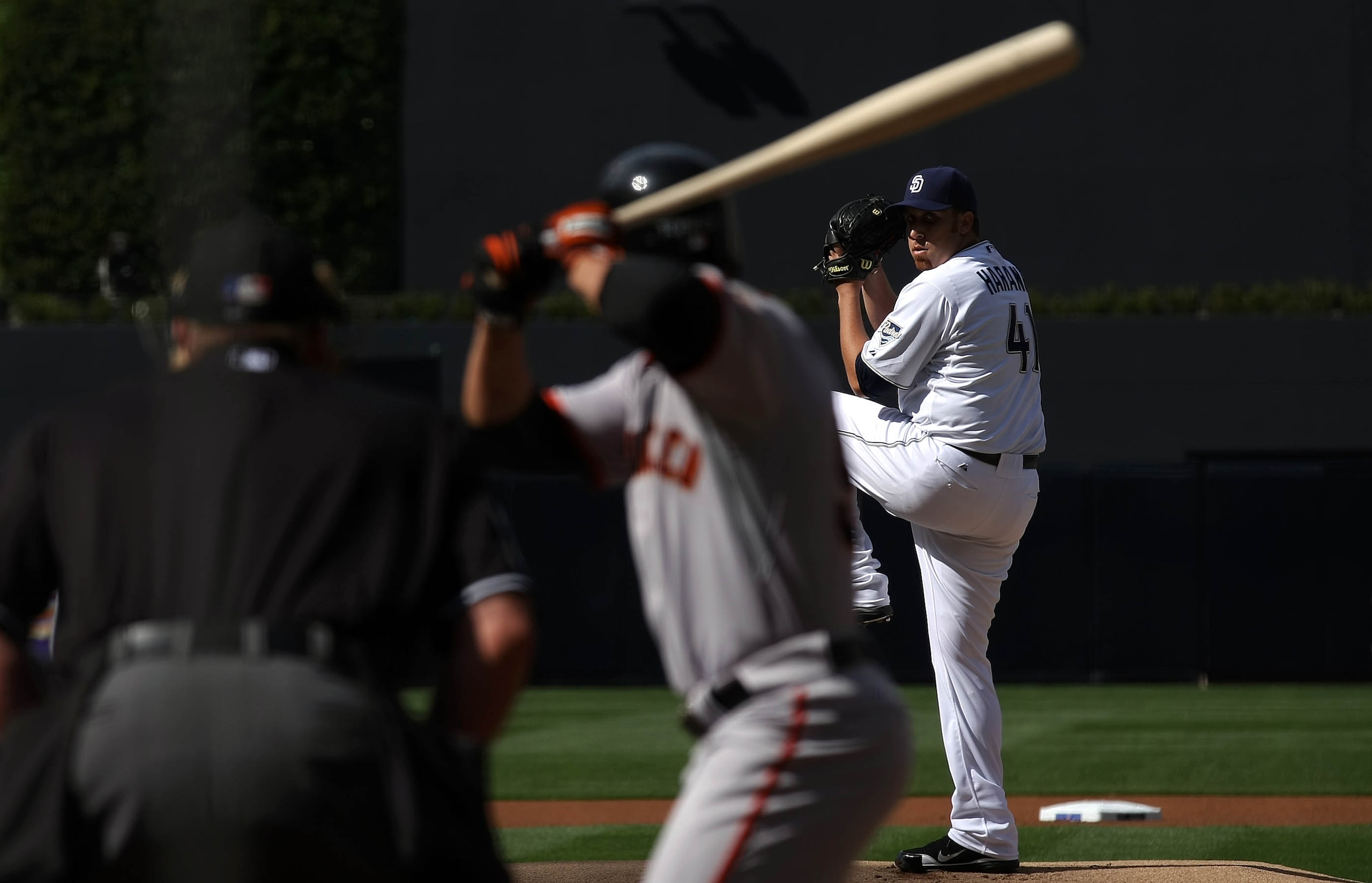 SAN DIEGO, CA - APRIL 5: Starting Pitcher Aaron Harang #41 of the San Diego Padres throws the first pitch of the game from the mound against the San Francisco Giants during their MLB Game at Petco Park on April 5, 2011 in San Diego, California. (Photo by SAN DIEGO, CA - APRIL 5: Starting Pitcher Aaron Harang #41 of the San Diego Padres throws the first pitch of the game from the mound against the San Francisco Giants during their MLB Game at Petco Park on April 5, 2011 in San Diego, California. (Photo by