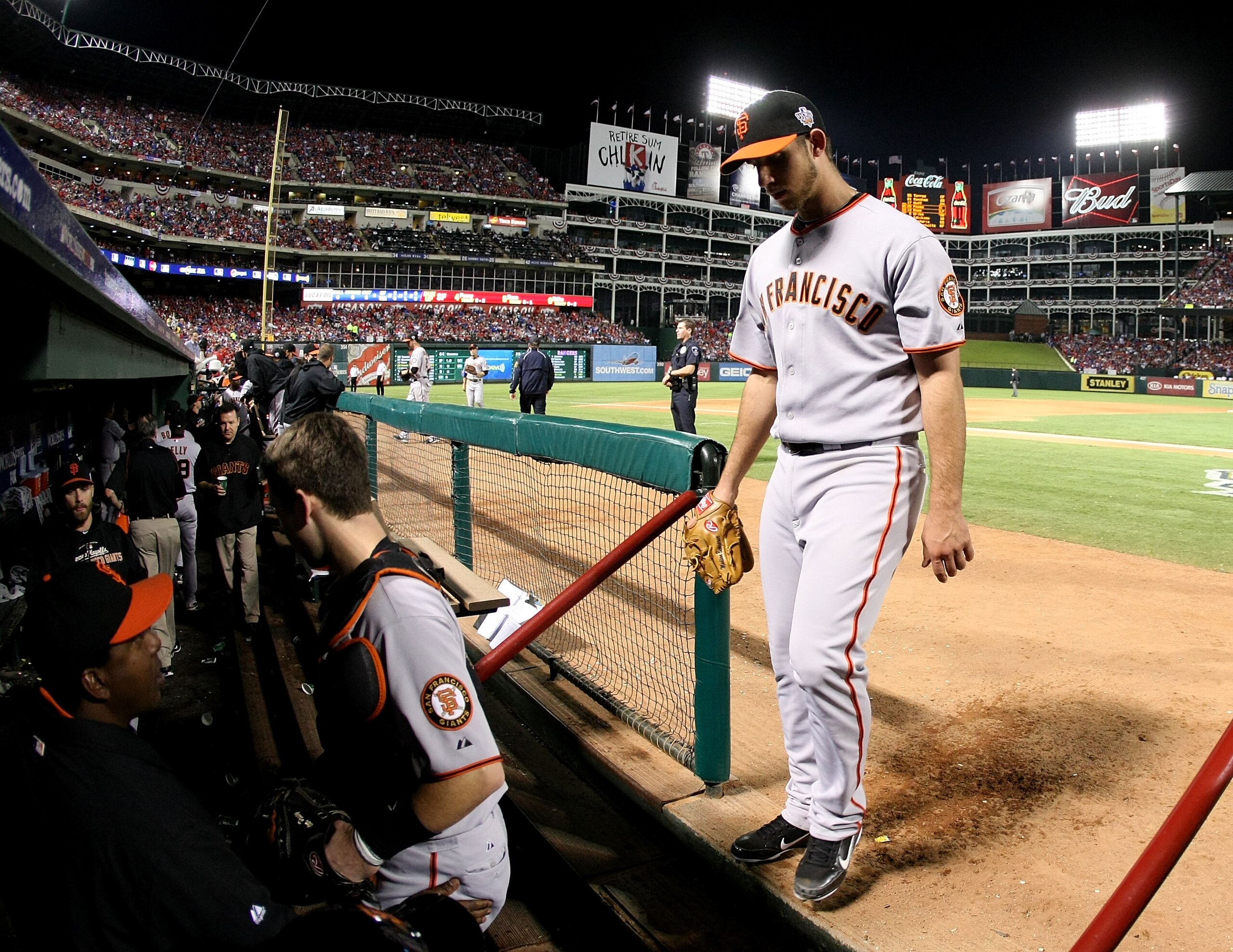 ARLINGTON, TX - OCTOBER 31: Starting pitcher Madison Bumgarner #40 of the San Francisco Giants walks into the dugout in the fifth inning against the Texas Rangers in Game Four of the 2010 MLB World Series at Rangers Ballpark in Arlington on October 31, 2 ARLINGTON, TX - OCTOBER 31: Starting pitcher Madison Bumgarner #40 of the San Francisco Giants walks into the dugout in the fifth inning against the Texas Rangers in Game Four of the 2010 MLB World Series at Rangers Ballpark in Arlington on October 31, 2
