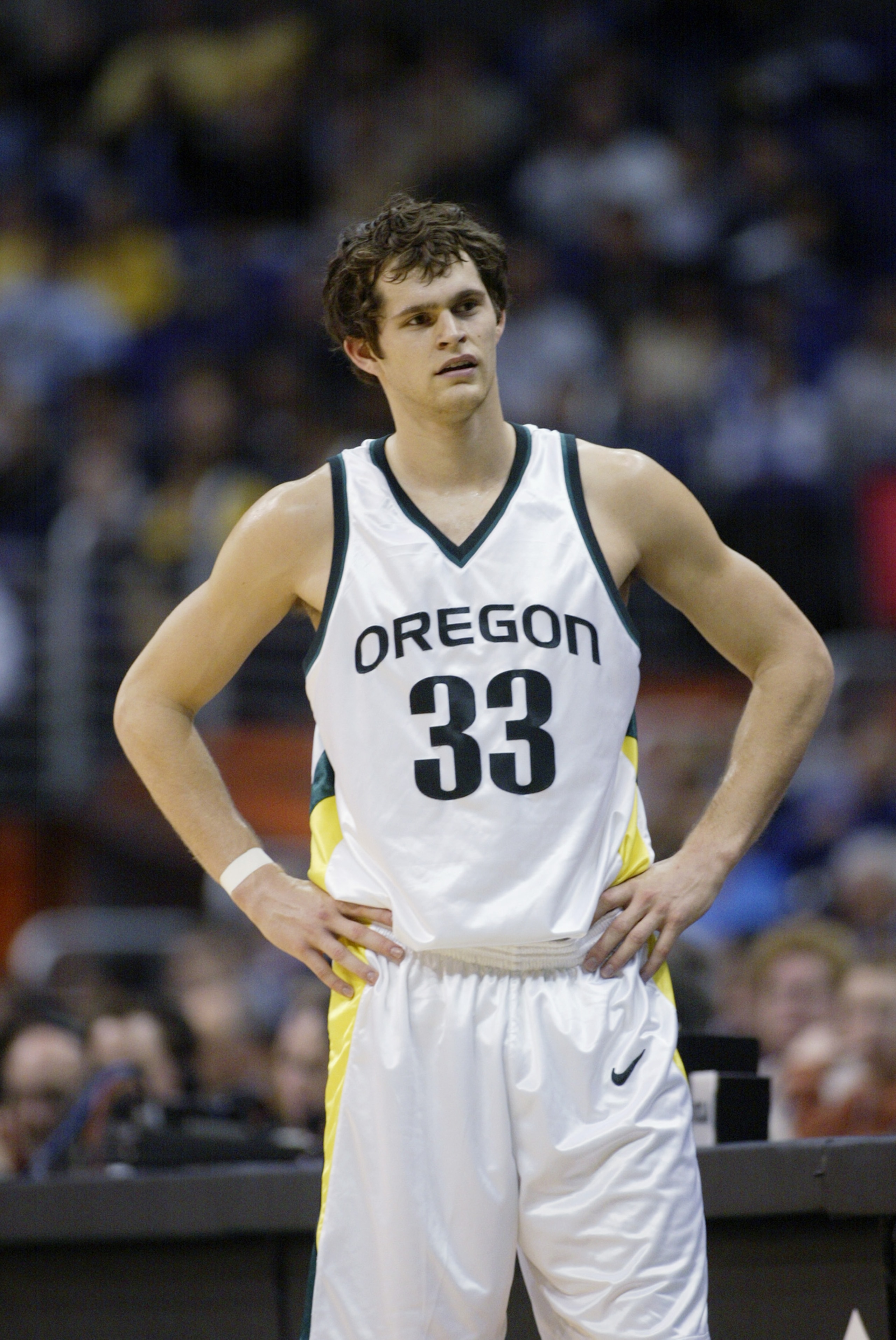 LOS ANGELES - MARCH 13:  Luke Jackson #33 of the Oregon Ducks looks on against the UCLA Bruins during the Pac 10 tournament on March 13, 2003 at the Staples Center in Los Angeles, California.  (Photo by Stephen Dunn/Getty Images)