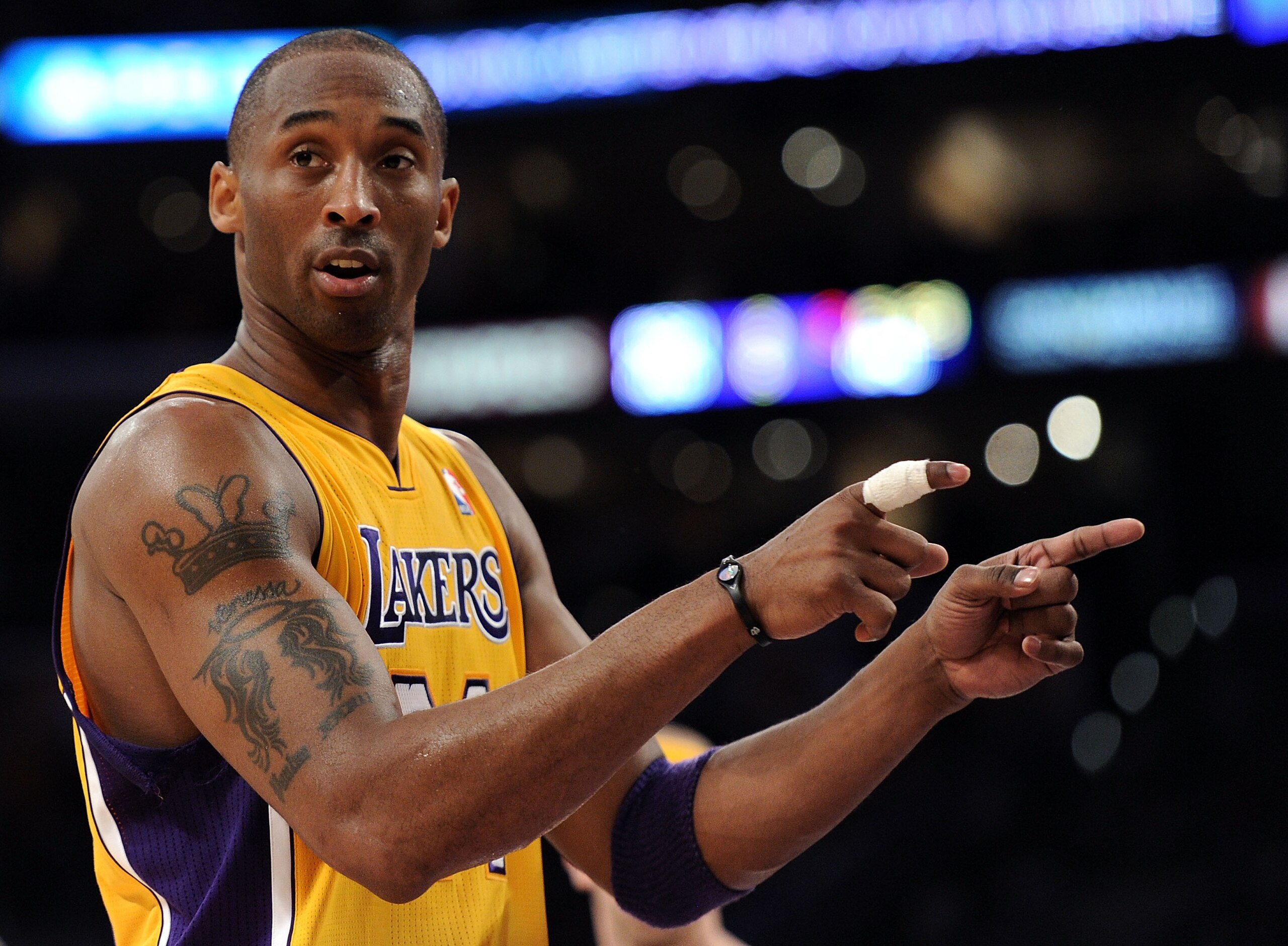 LOS ANGELES, CA - APRIL 20:  Kobe Bryant #24 of the Los Angeles Lakers reacts in the first quarter while taking on the New Orleans Hornets in Game Two of the Western Conference Quarterfinals in the 2011 NBA Playoffs on April 20, 2011 at Staples Center in