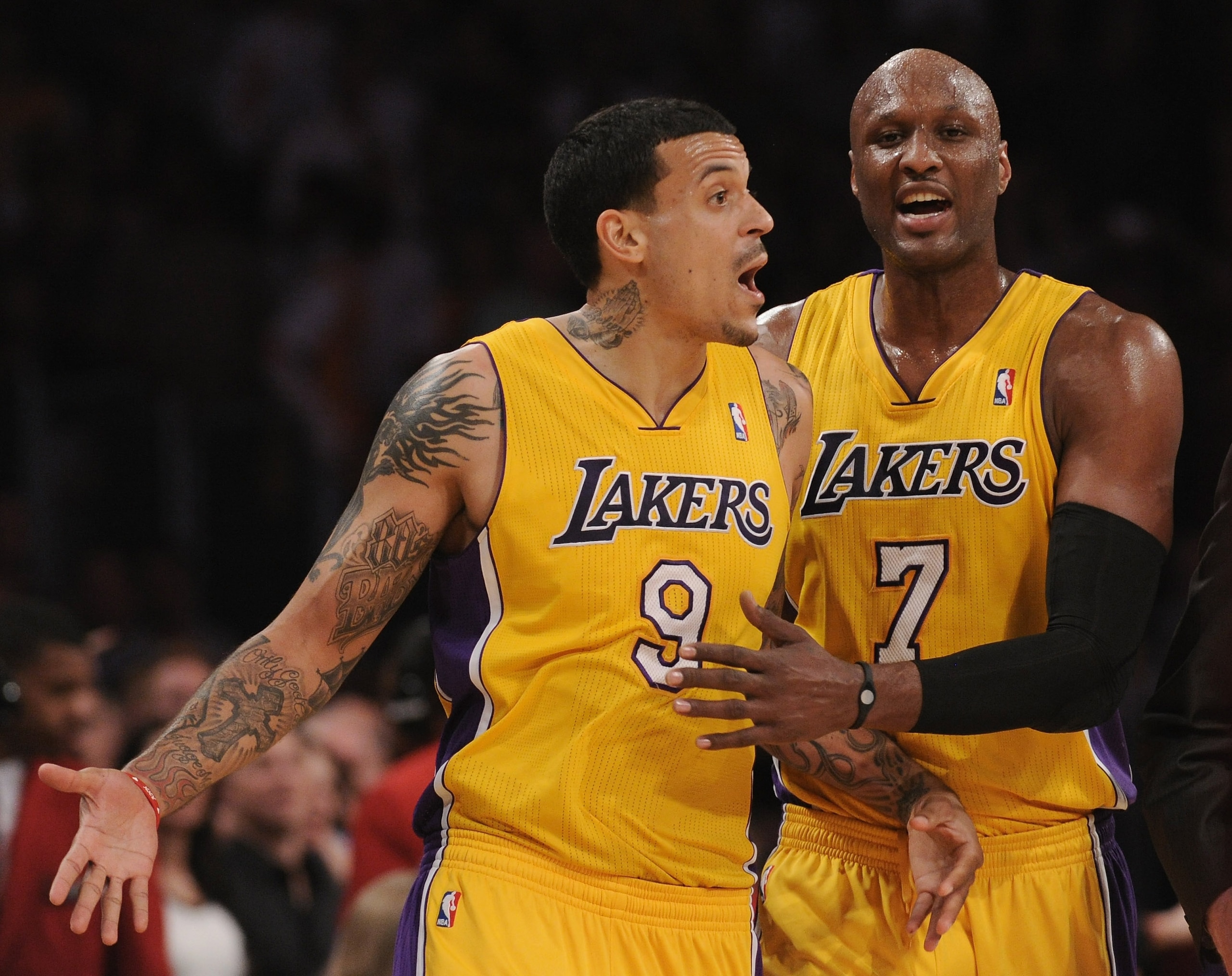LOS ANGELES, CA - MARCH 31:  Matt Barnes #9 of the Los Angeles Lakers is restrained by Lamar Odom #7 after a shoving match with Jason Terry #31 of the Dallas Mavericks at Staples Center on March 31, 2011 in Los Angeles, California.  Barnes was ejectd from