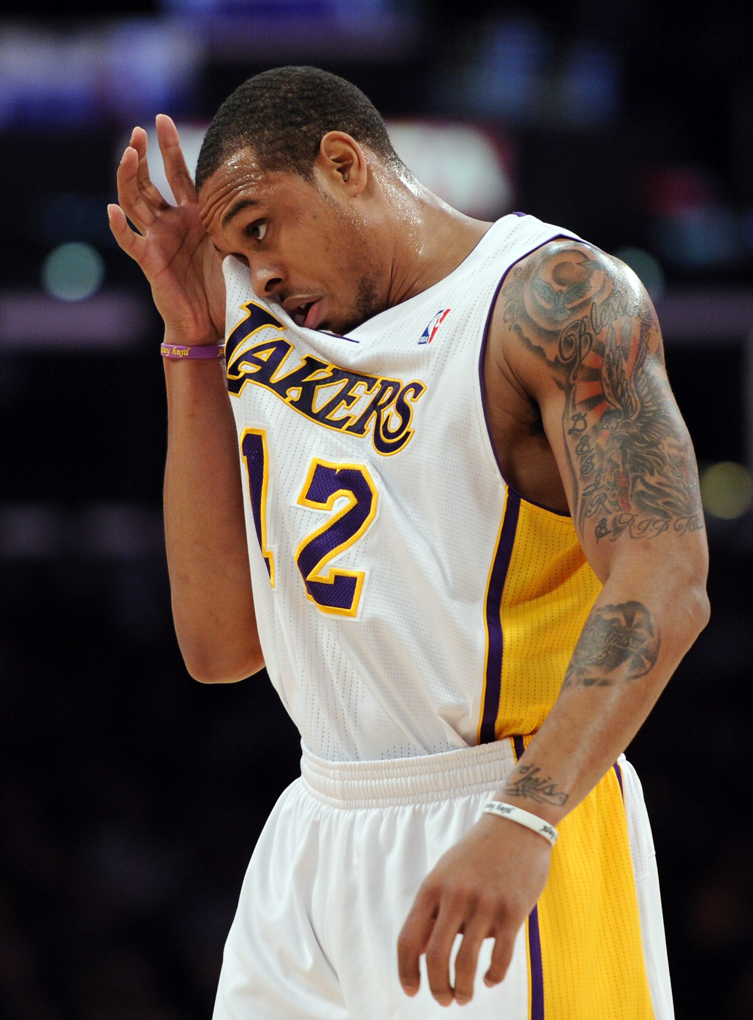 LOS ANGELES, CA - MARCH 20:  Shannon Brown #12 of the Los Angeles Lakers reacts as he makes his way back to the Laker bench during the game against the Portland Trail Blazersat the Staples Center on March 20, 2011 in Los Angeles, California.  NOTE TO USER