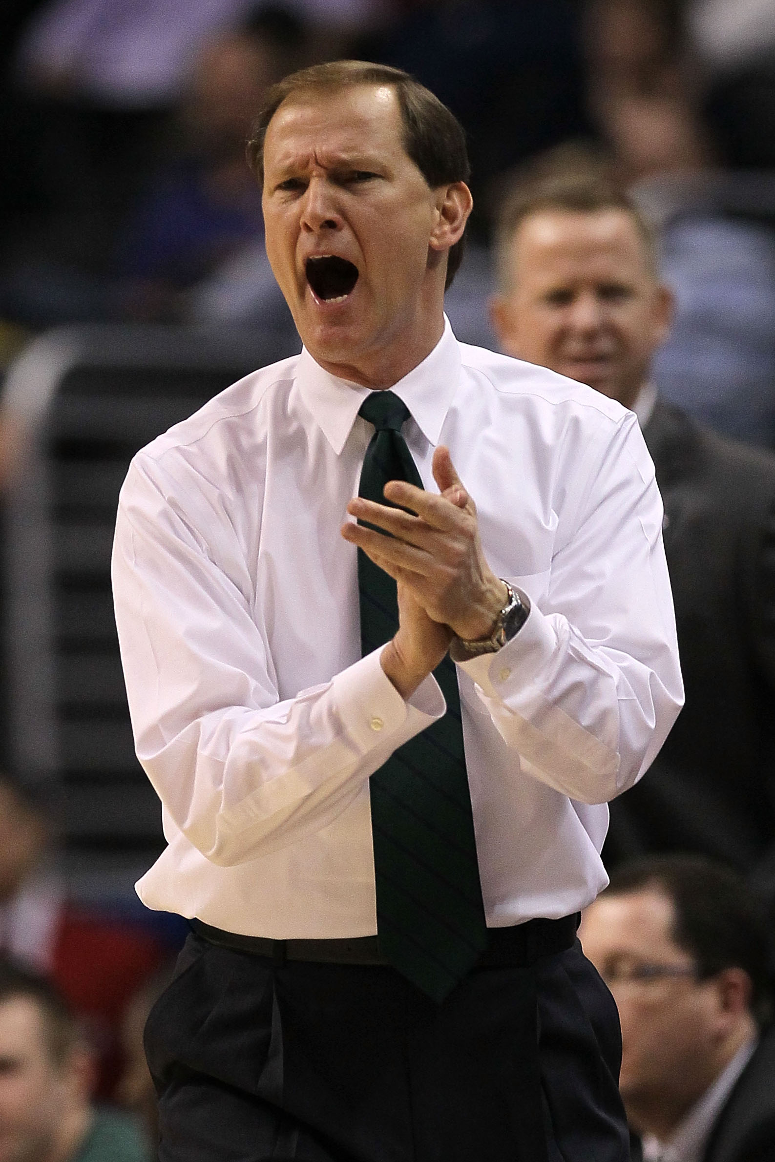 LOS ANGELES, CA - MARCH 10: Head coach Dana Altman of the Oregon Ducks reacts while taking on the UCLA Bruins in the quarterfinals of the 2011 Pacific Life Pac-10 Men's Basketball Tournament at Staples Center on March 10, 2011 in Los Angeles, California.