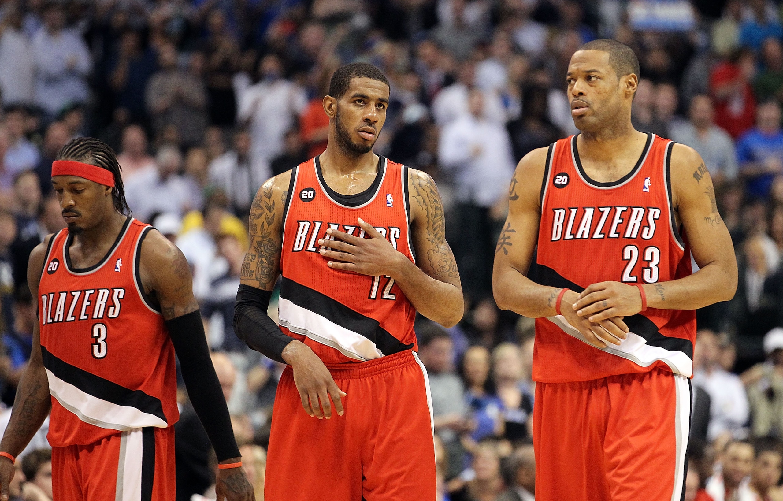 DALLAS, TX - APRIL 19: (L-R) Gerald Wallace #3, LaMarcus Aldridge #12 and Marcus Camby #23 of the Portland Trail Blazers during a loss against the Dallas Mavericks in Game Two of the Western Conference Quarterfinals during the 2011 NBA Playoffs on April DALLAS, TX - APRIL 19: (L-R) Gerald Wallace #3, LaMarcus Aldridge #12 and Marcus Camby #23 of the Portland Trail Blazers during a loss against the Dallas Mavericks in Game Two of the Western Conference Quarterfinals during the 2011 NBA Playoffs on April