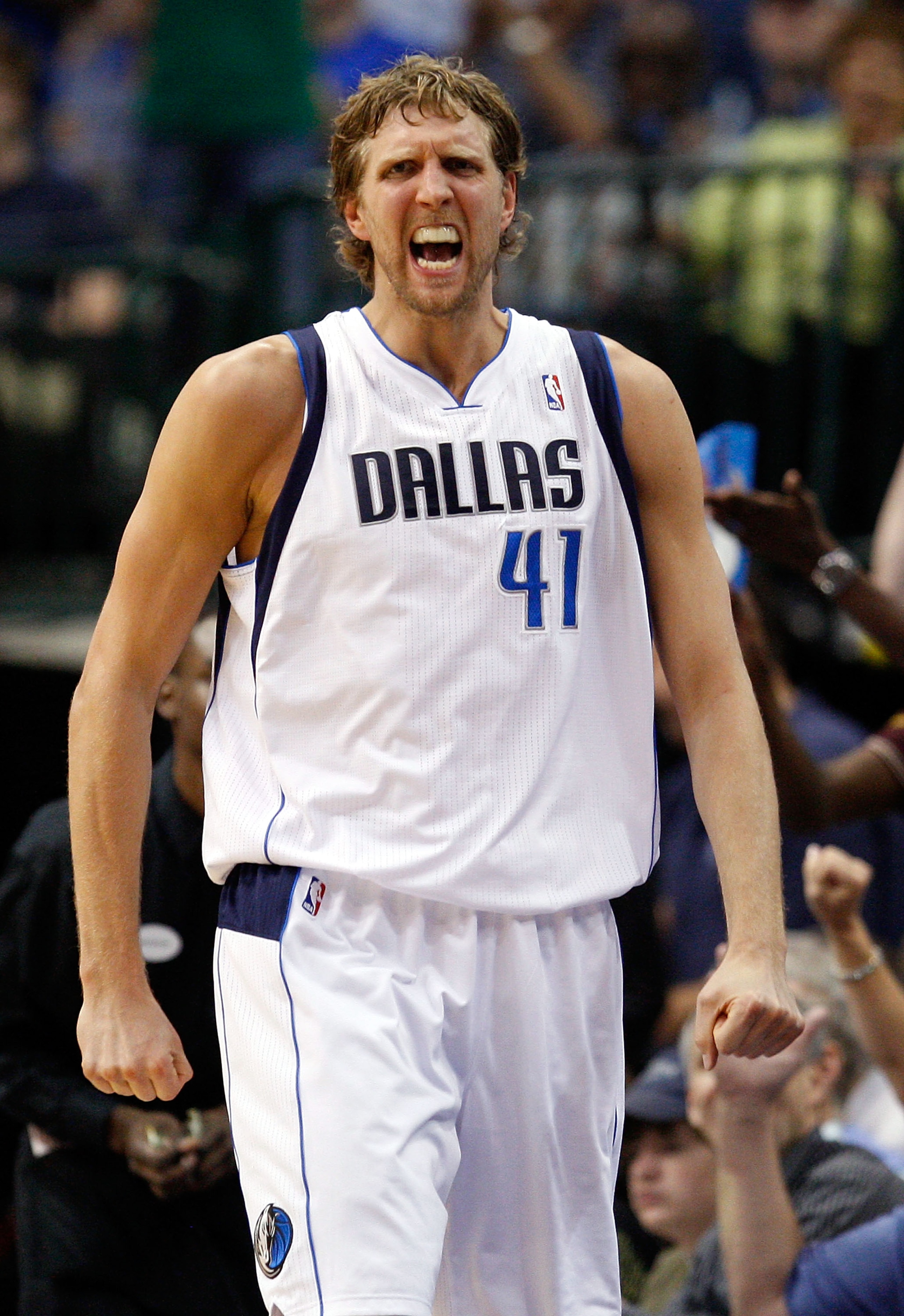 DALLAS, TX - APRIL 19: Forward Dirk Nowitzki #41 of the Dallas Mavericks reacts against the Portland Trail Blazers in Game Two of the Western Conference Quarterfinals during the 2011 NBA Playoffs on April 19, 2011 at American Airlines Center in Dallas, T DALLAS, TX - APRIL 19: Forward Dirk Nowitzki #41 of the Dallas Mavericks reacts against the Portland Trail Blazers in Game Two of the Western Conference Quarterfinals during the 2011 NBA Playoffs on April 19, 2011 at American Airlines Center in Dallas, T