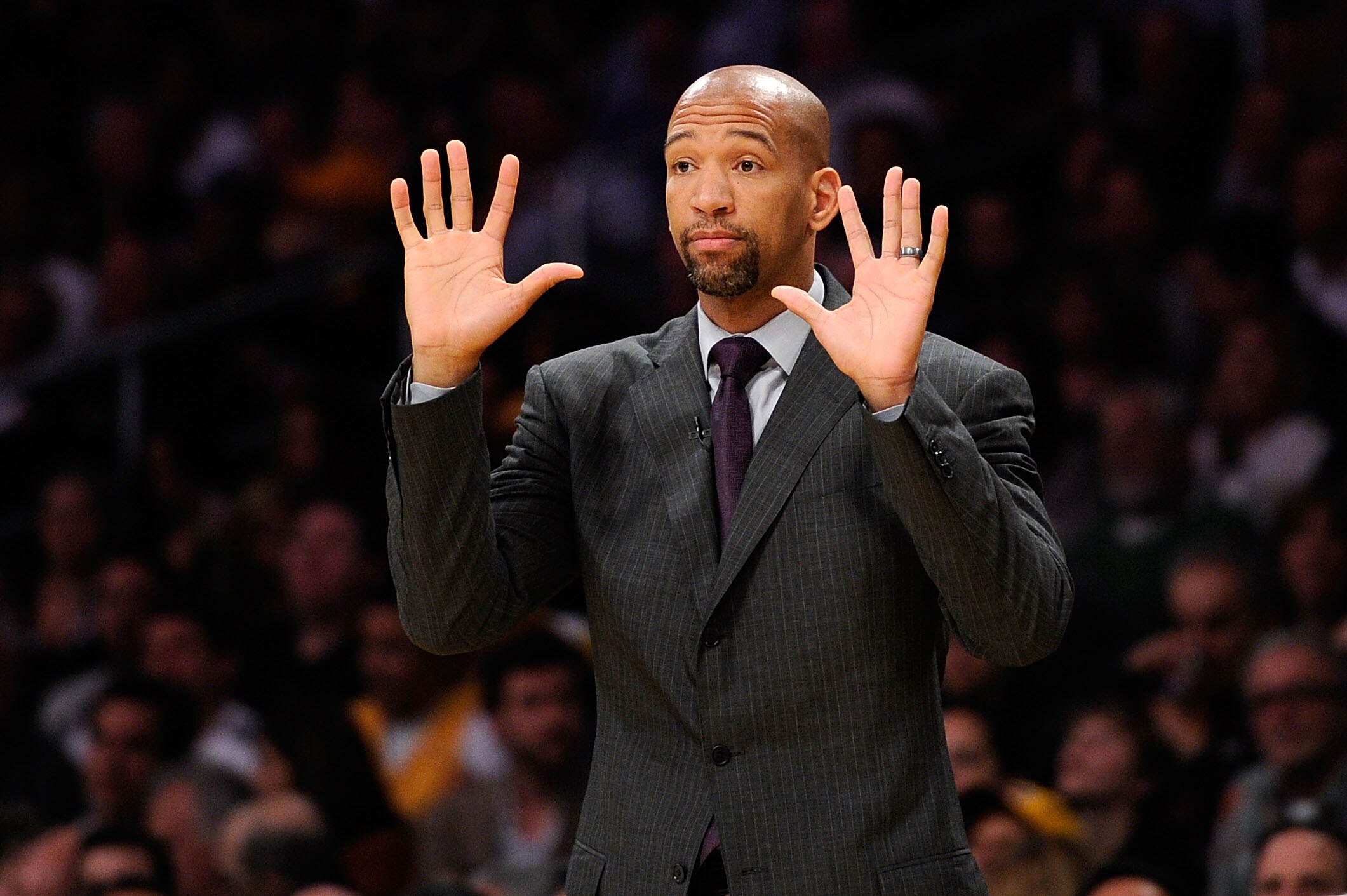 LOS ANGELES, CA - APRIL 20:  Head coach Monty Williams of the New Orleans Hornets reacts in the first quarter while taking on the Los Angeles Lakers in Game Two of the Western Conference Quarterfinals in the 2011 NBA Playoffs on April 20, 2011 at Staples