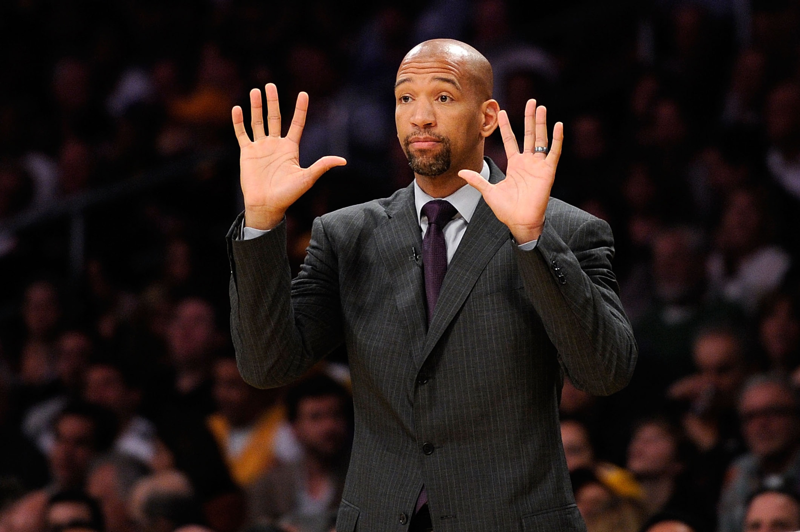 LOS ANGELES, CA - APRIL 20:  Head coach Monty Williams of the New Orleans Hornets reacts in the first quarter while taking on the Los Angeles Lakers in Game Two of the Western Conference Quarterfinals in the 2011 NBA Playoffs on April 20, 2011 at Staples