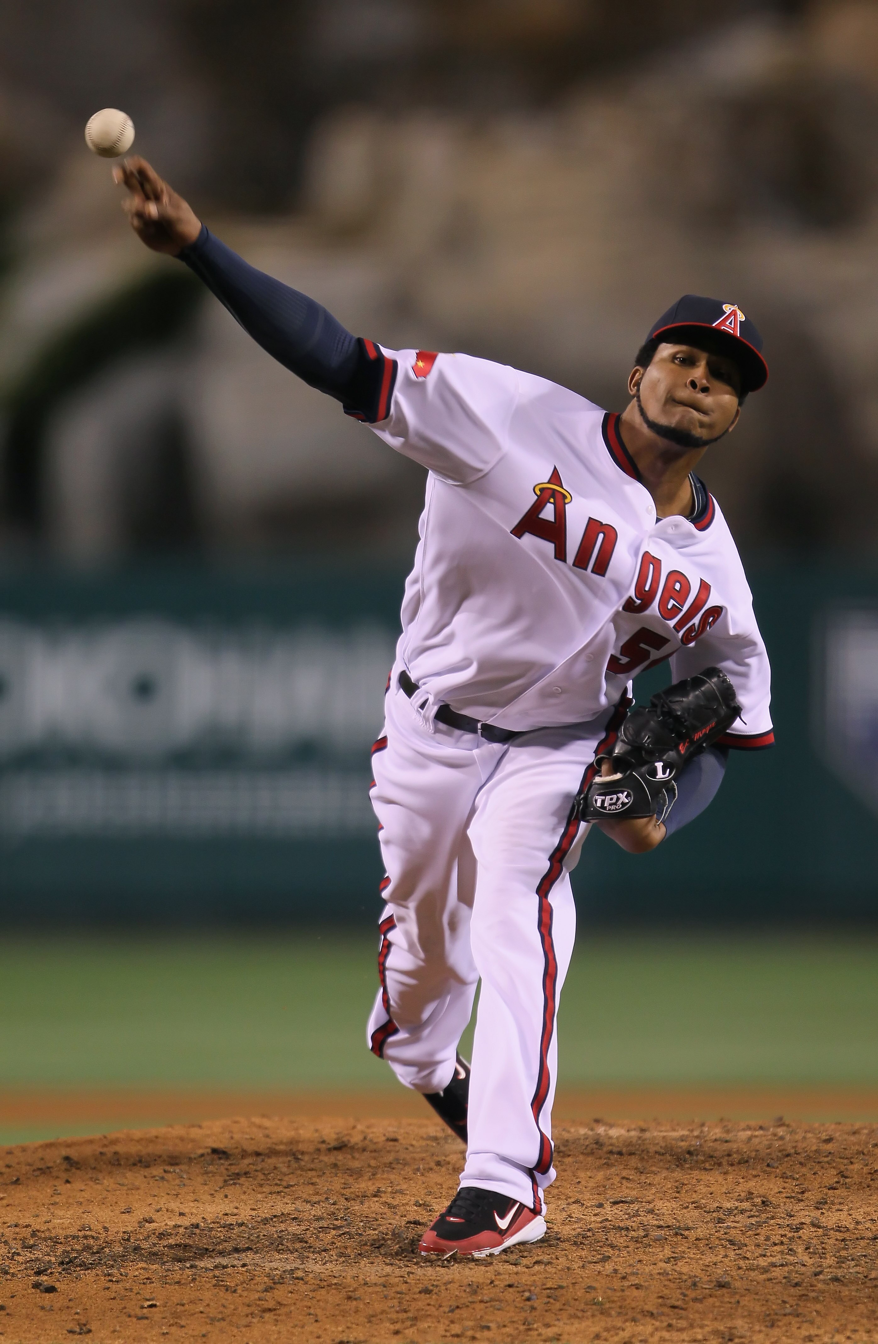 ANAHEIM, CA - APRIL 08:  Ervin Santana #54 of the Los Angeles Angels of Anaheim pitches against the Toronto Blue Jays in the seventh inning at Angel Stadium of Anaheim on April 8, 2011 in Anaheim, California. The Blue Jays defeated the Angels 3-2.  (Photo