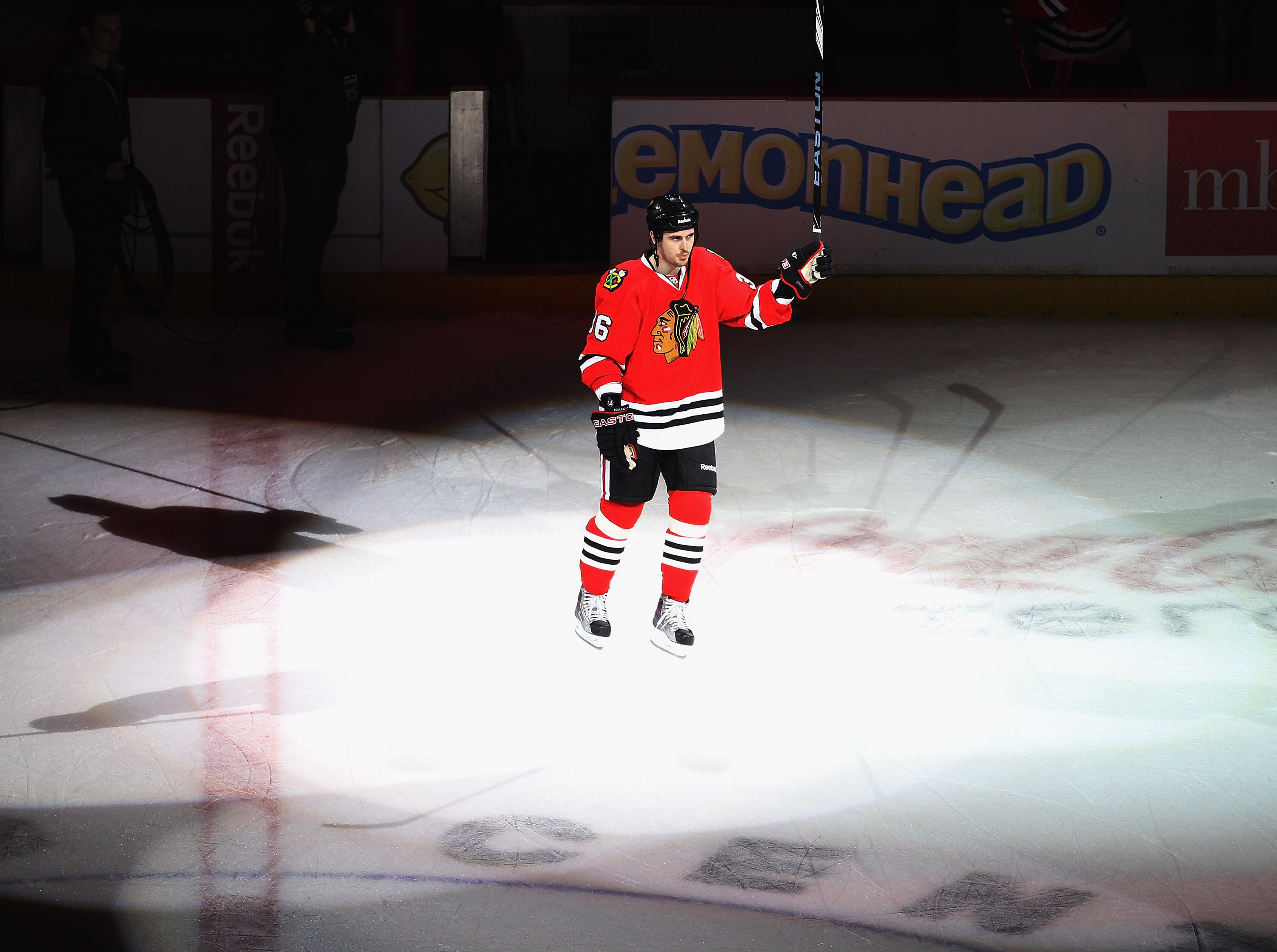 CHICAGO, IL - APRIL 19: Dave Bolland #36 of the Chicago Blackhawks salutes the crowd after being named 'star of the game' following a win over the Vancouver Canucks in Game Four of the Western Conference Quarterfinals during the 2011 NHL Stanley Cup Playo