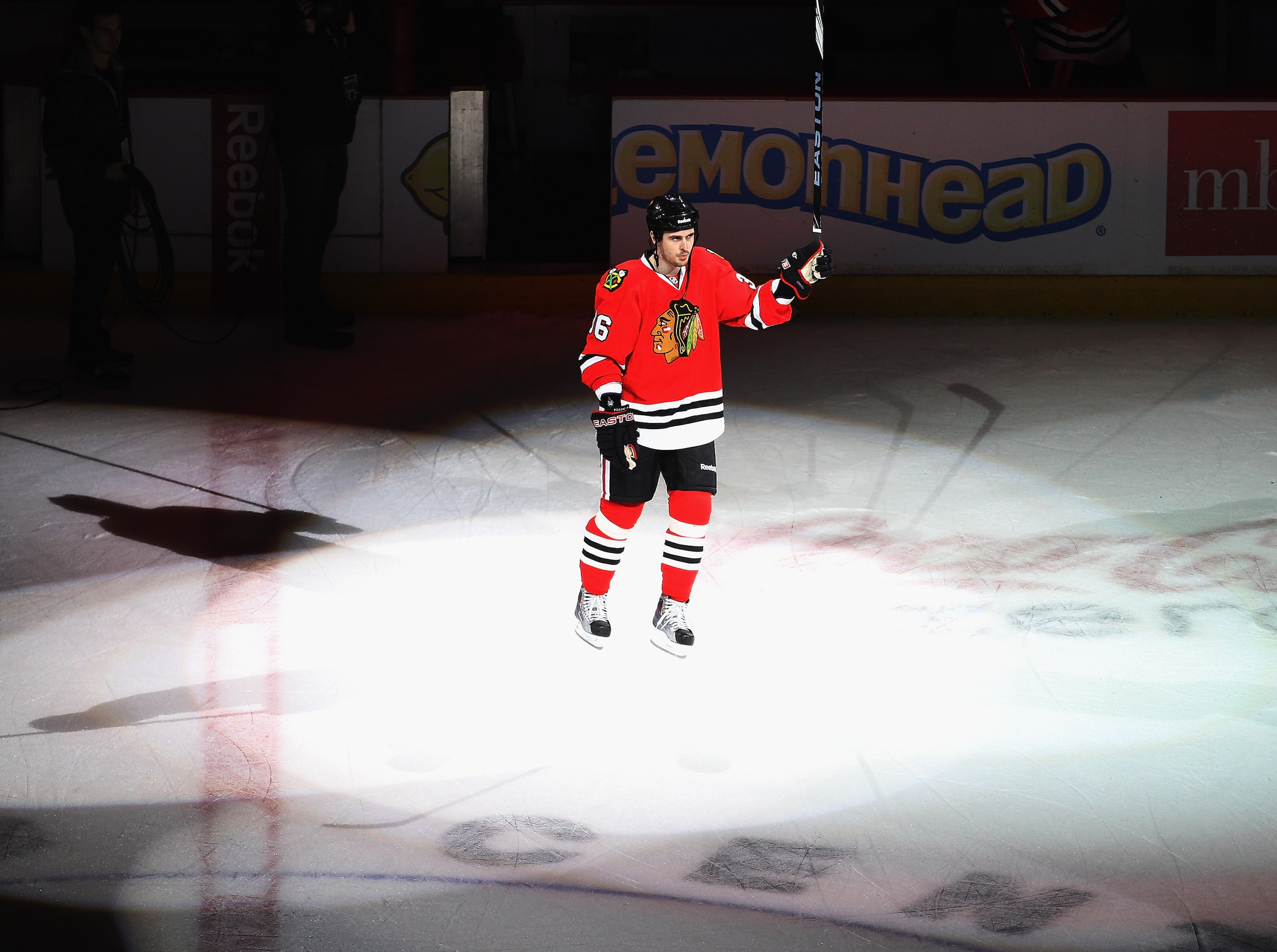 CHICAGO, IL - APRIL 19: Dave Bolland #36 of the Chicago Blackhawks salutes the crowd after being named 'star of the game' following a win over the Vancouver Canucks in Game Four of the Western Conference Quarterfinals during the 2011 NHL Stanley Cup Playo