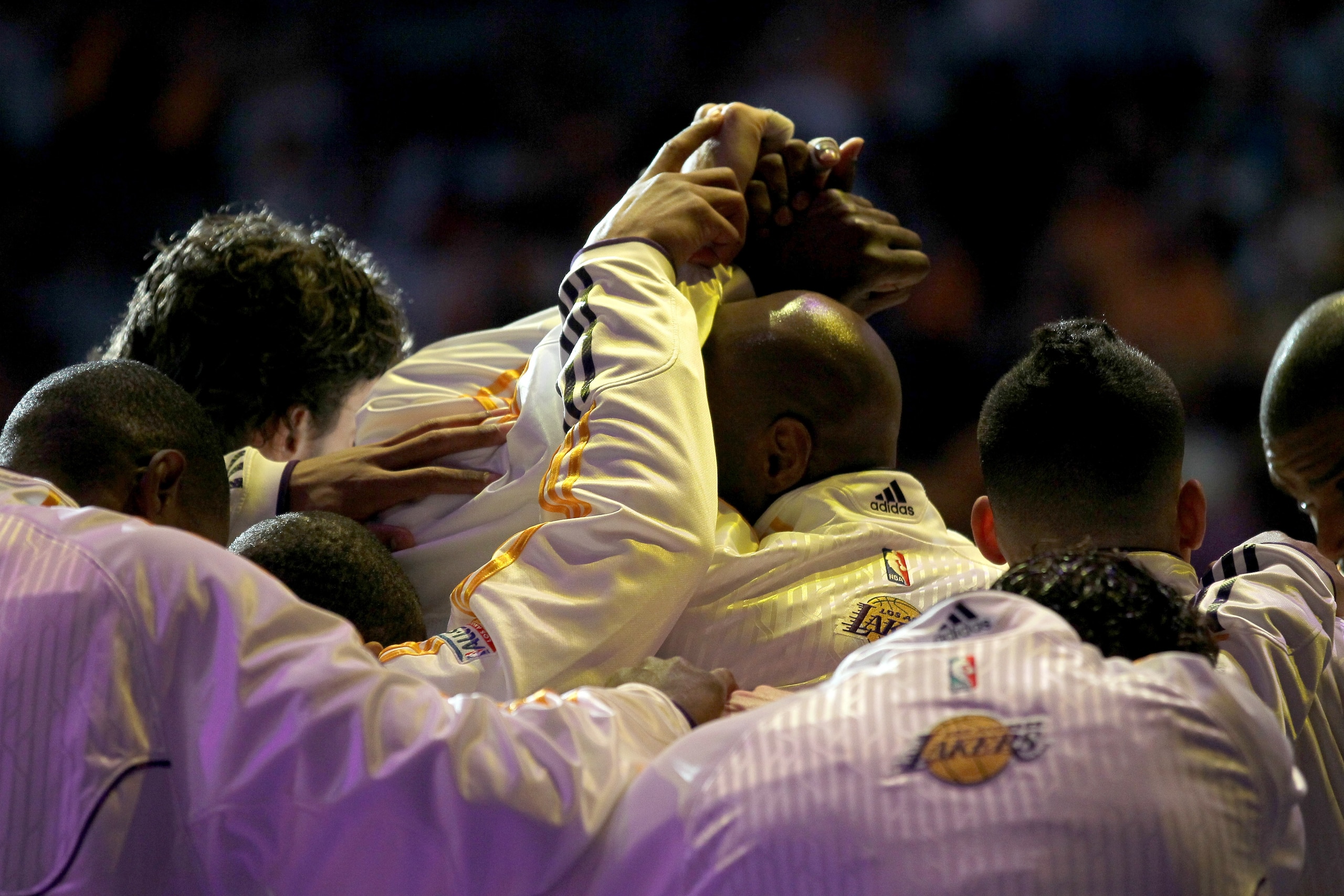 LOS ANGELES, CA - APRIL 17:   The Los Angeles Lakers huddle before playing the New Orleans Hornets in Game One of the Western Conference Quarterfinals in the 2011 NBA Playoffs on April 17, 2011 at Staples Center in Los Angeles, California.  The Hornets wo