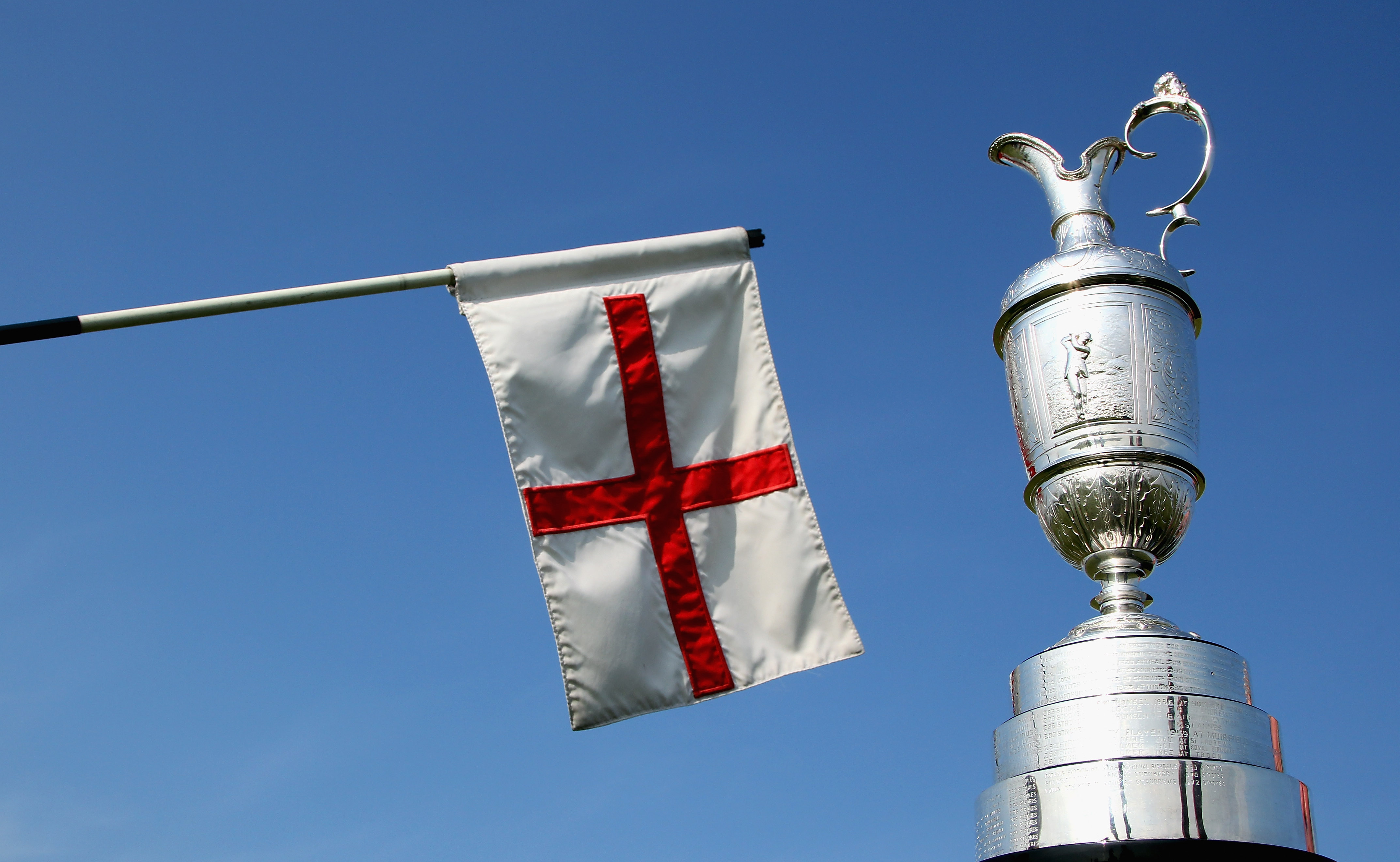 SANDWICH, ENGLAND - APRIL 19:  A general view of the claret jug and a Royal St Georges's pin flag prior to The Royal St George's Open Championship press conference on April 19, 2011 in Sandwich, England.  (Photo by Andrew Redington/Getty Images)