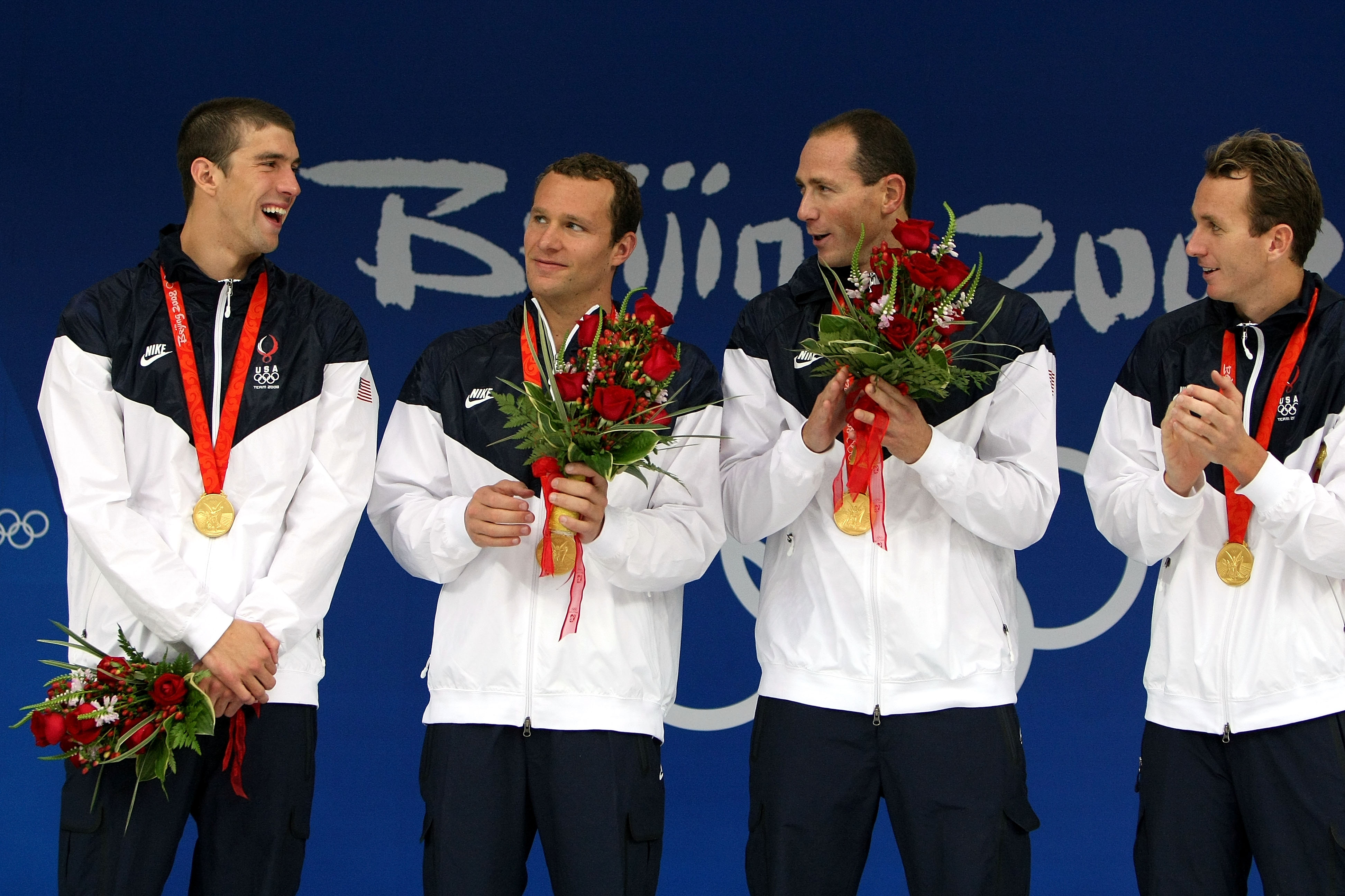 BEIJING - AUGUST 17:  (L-R) Michael Phelps, Brendan Hansen, Jason Lezak and Aaron Piersol of the United States stand on the podium after receiving their gold medals in the Men's 4x100 Medley Relay at the National Aquatics Centre during Day 9 of the Beijin