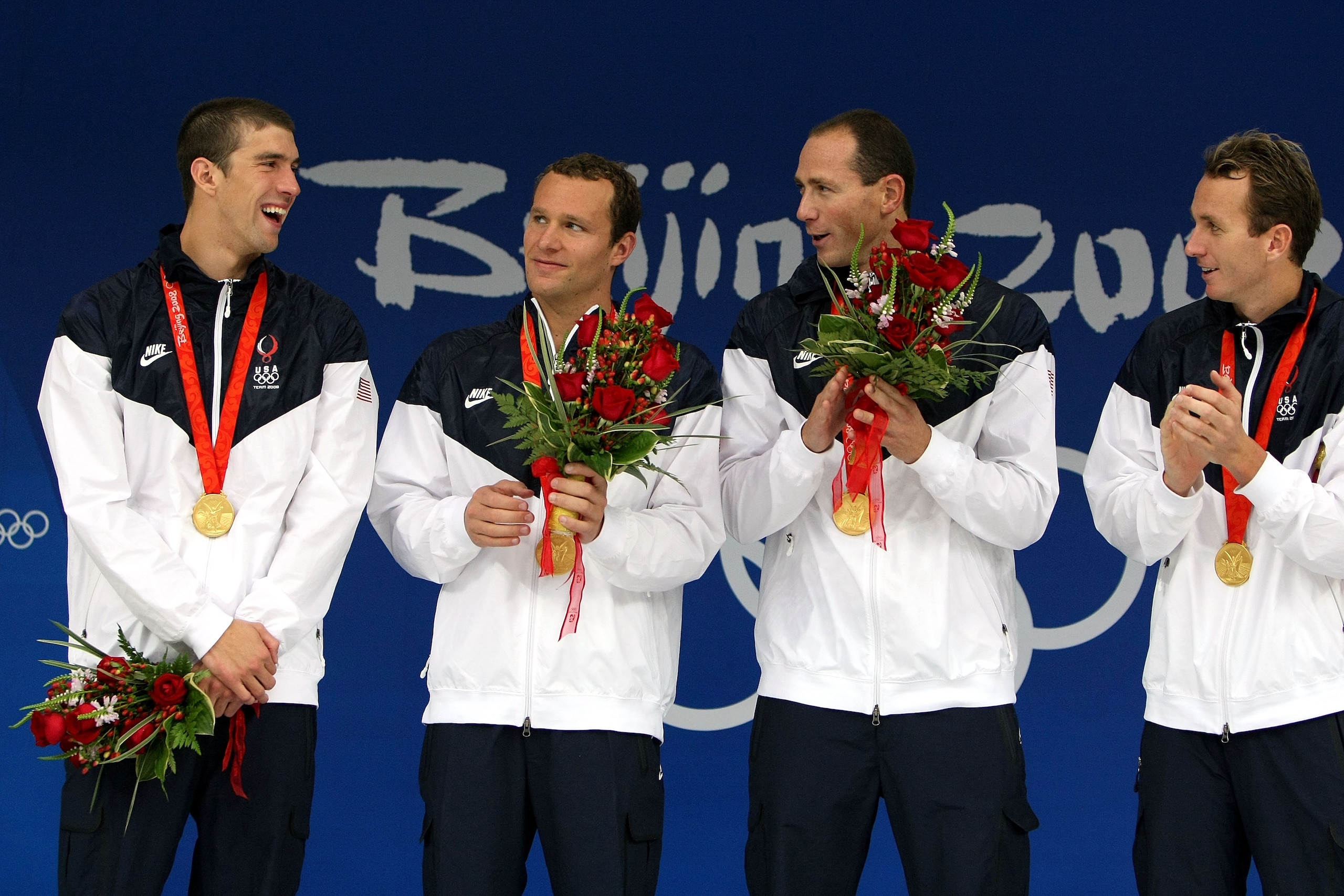 BEIJING - AUGUST 17:  (L-R) Michael Phelps, Brendan Hansen, Jason Lezak and Aaron Piersol of the United States stand on the podium after receiving their gold medals in the Men's 4x100 Medley Relay at the National Aquatics Centre during Day 9 of the Beijin