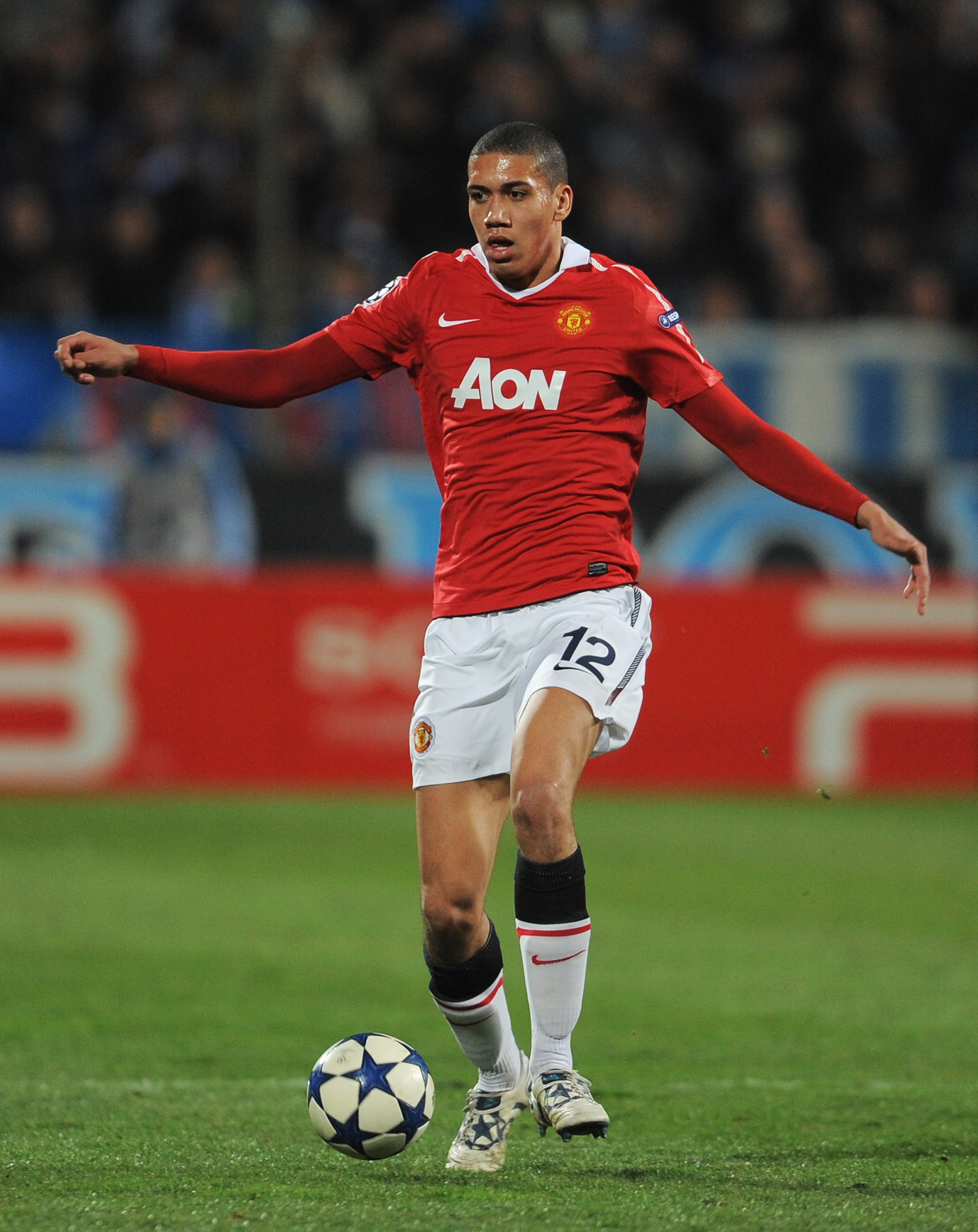 MARSEILLE, FRANCE - FEBRUARY 23: Chris Smalling of Manchester United in action during the UEFA Champions League round of 16 first leg match between Marseille and Manchester United at the Stade Velodrome on February 23, 2011 in Marseille, France.  (Photo b