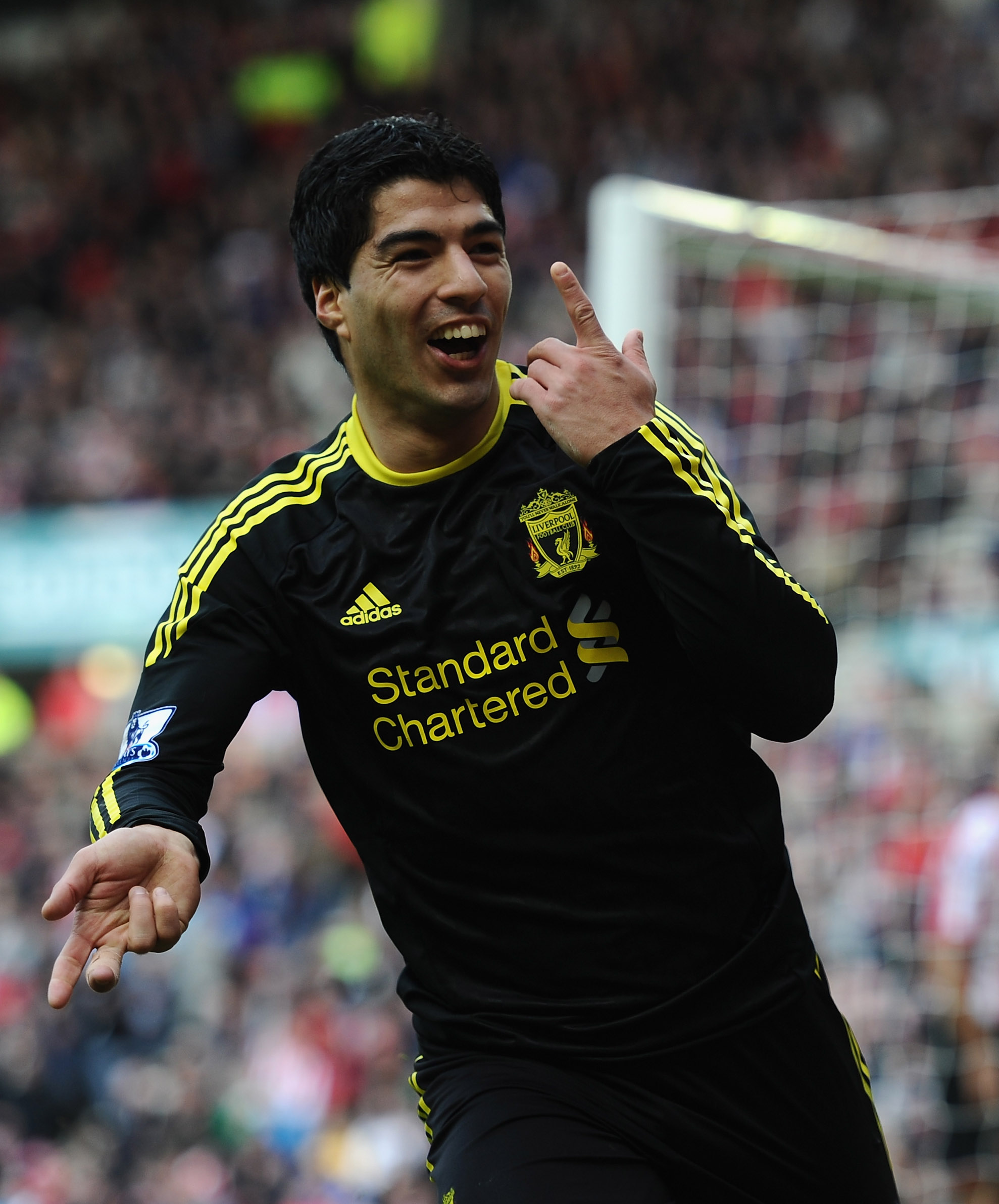 SUNDERLAND, ENGLAND - MARCH 20: Luis Suarez of Liverpool celebrates his goal during the Barclays Premier League match between Sunderland and Liverpool at the Stadium of Light on March 20, 2011 in Sunderland, England.  (Photo by Laurence Griffiths/Getty Im