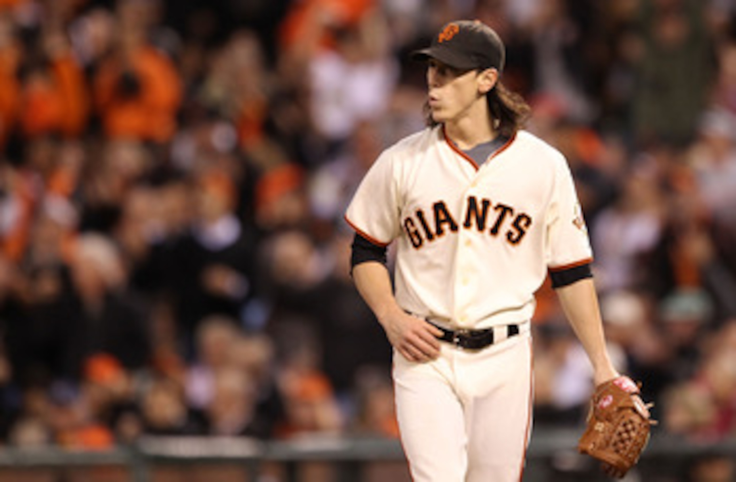 SAN FRANCISCO - OCTOBER 21: Tim Lincecum #55 of the San Francisco Giants reacts in the third inning while taking on the Philadelphia Phillies in Game Five of the NLCS during the 2010 MLB Playoffs at AT&T Park on October 21, 2010 in San Francisco, Califor SAN FRANCISCO - OCTOBER 21: Tim Lincecum #55 of the San Francisco Giants reacts in the third inning while taking on the Philadelphia Phillies in Game Five of the NLCS during the 2010 MLB Playoffs at AT&T Park on October 21, 2010 in San Francisco, Califor