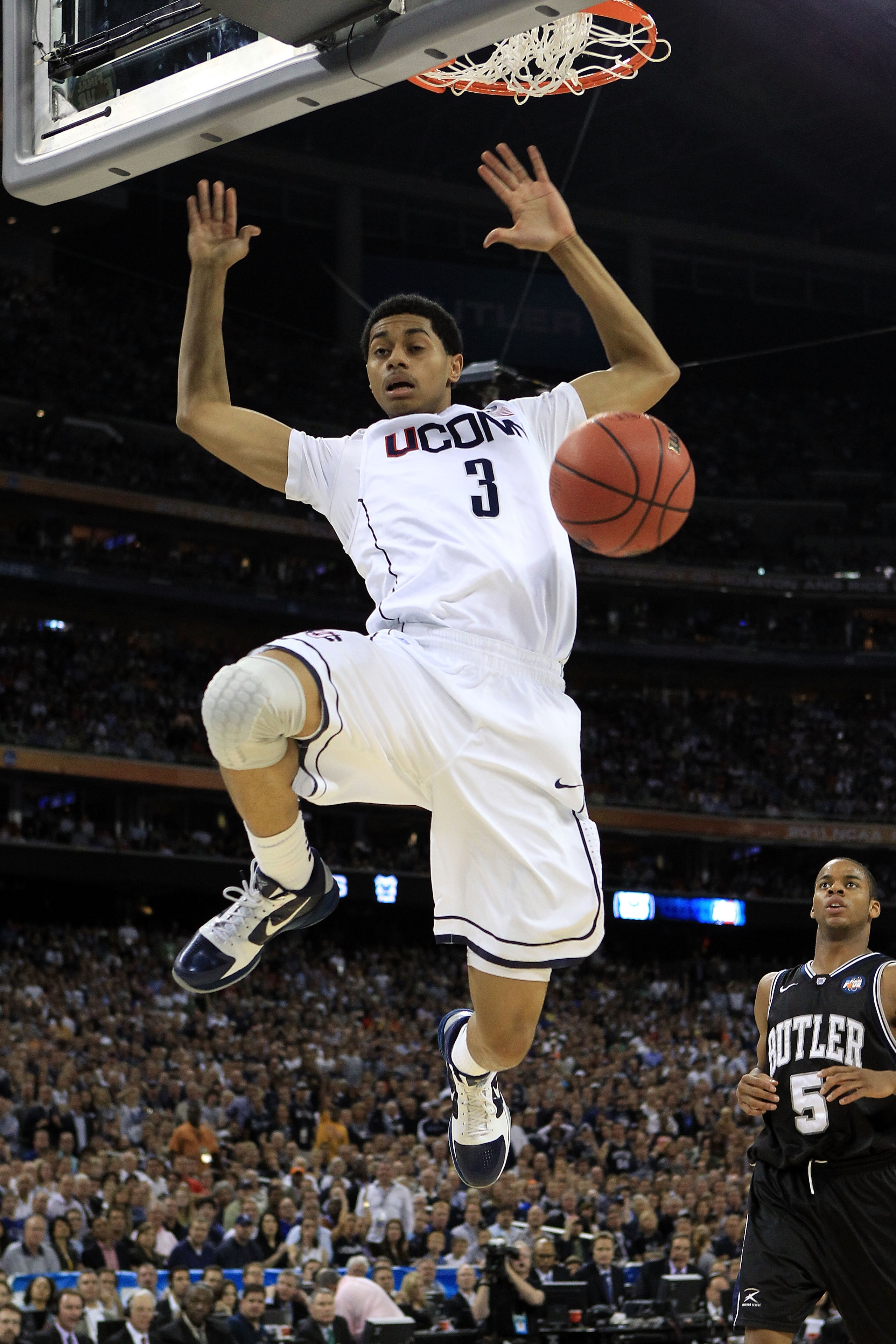 HOUSTON, TX - APRIL 04:  Jeremy Lamb #3 of the Connecticut Huskies dunks the ball against the Butler Bulldogs during the National Championship Game of the 2011 NCAA Division I Men's Basketball Tournament at Reliant Stadium on April 4, 2011 in Houston, Tex