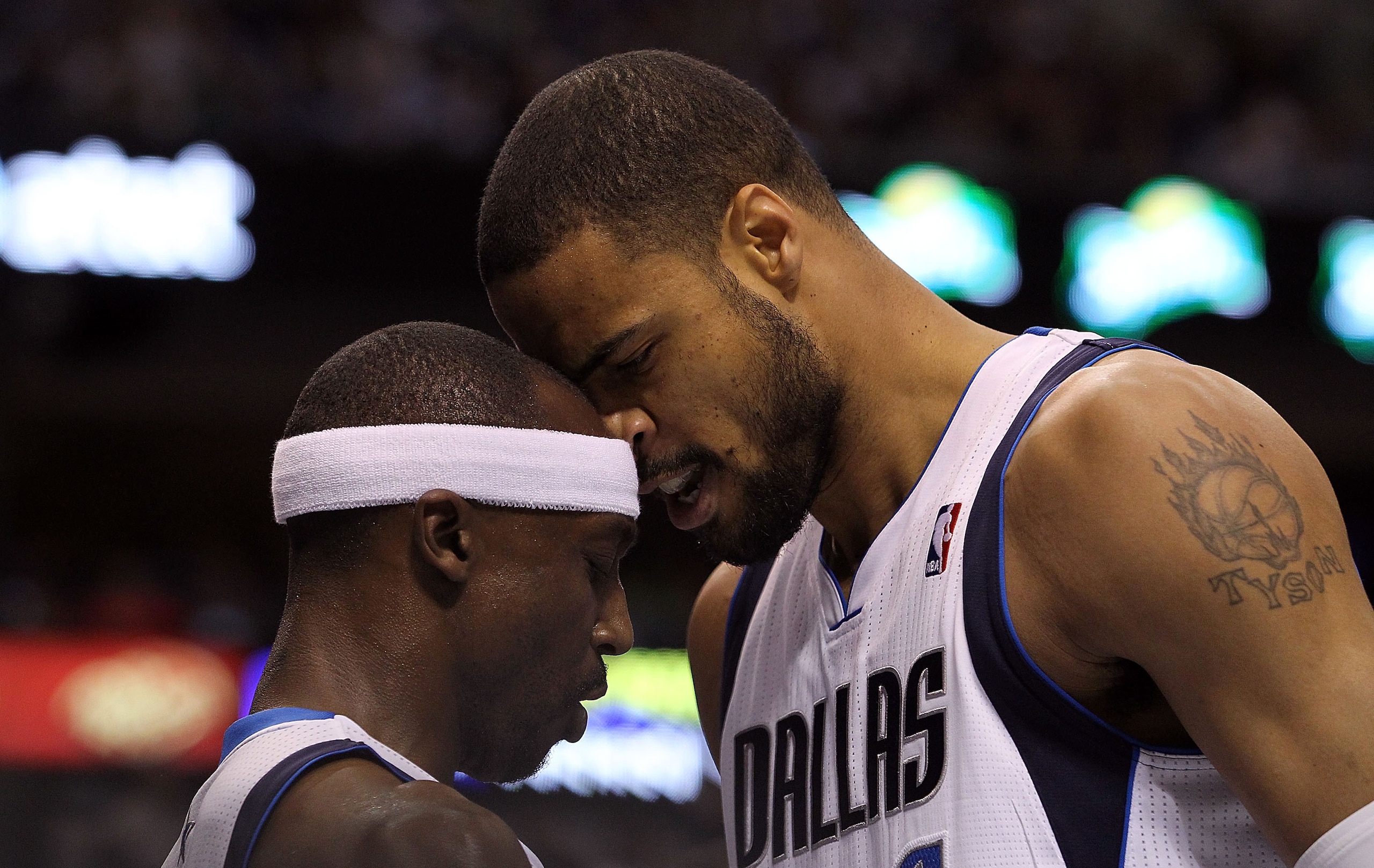 DALLAS, TX - APRIL 16:  (L-R) Jason Terry #31 and Tyson Chandler #6 of the Dallas Mavericks react during play against the Portland Trail Blazers in Game One of the Western Conference Quarterfinals during the 2011 NBA Playoffs on April 16, 2011 at American