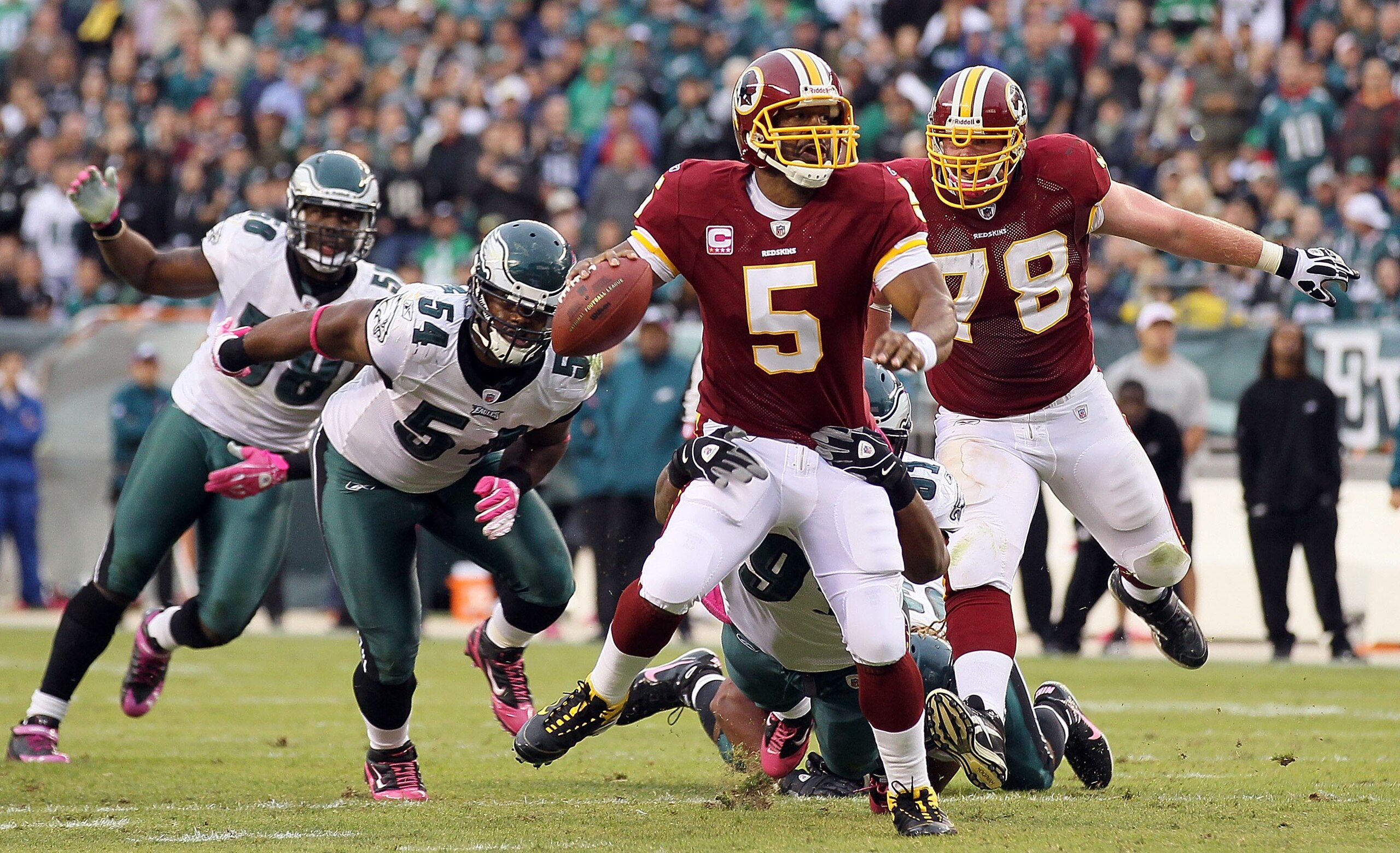 PHILADELPHIA - OCTOBER 03:  Donovan McNabb #5 of the Washington Redskins against the Philadelphia Eagles on October 3, 2010 at Lincoln Financial Field in Philadelphia, Pennsylvania. The Redskins defeated the Eagles 17-12.  (Photo by Jim McIsaac/Getty Imag