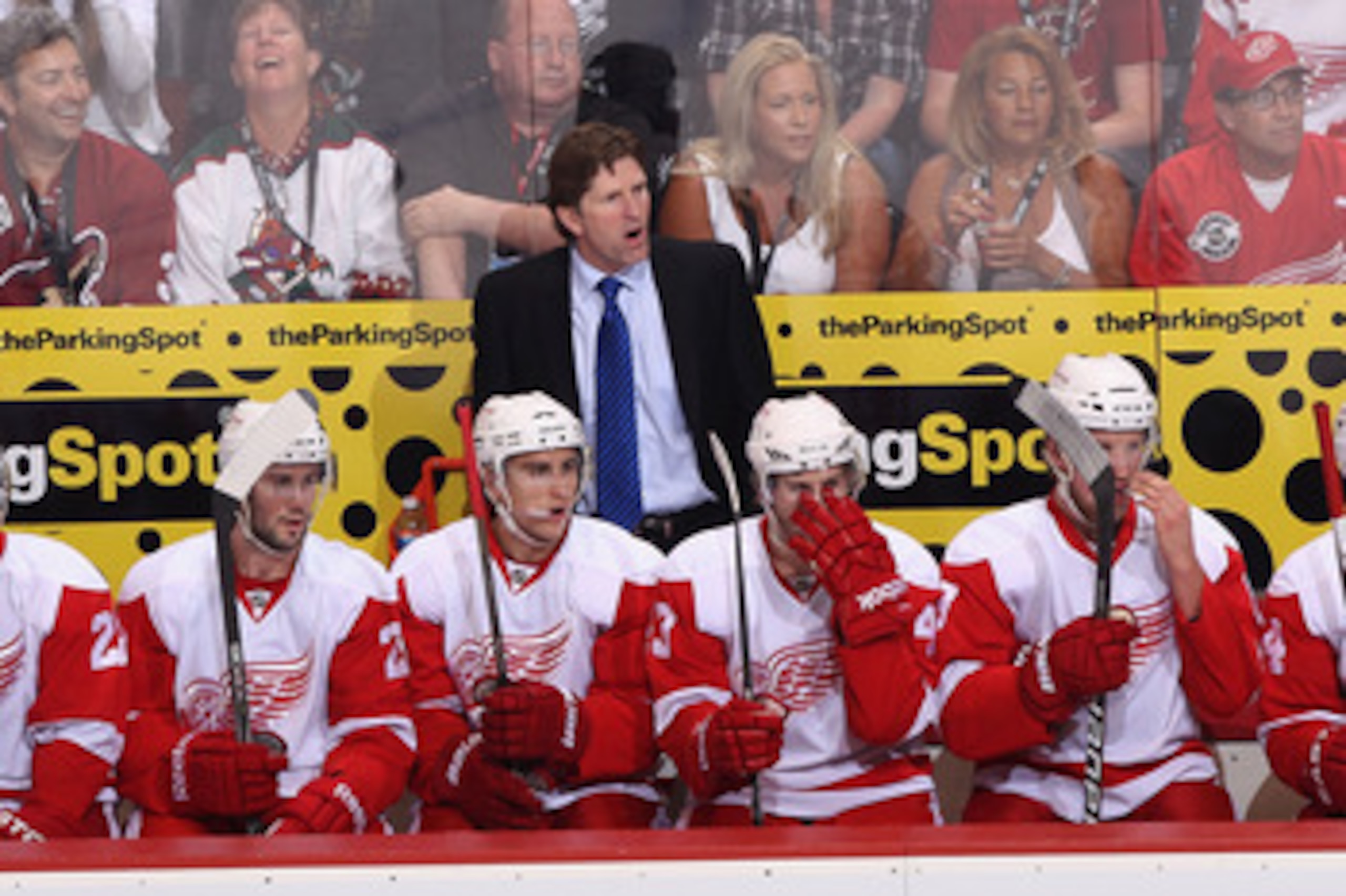 GLENDALE, AZ - APRIL 20: Head coach Mike Babcock of the Detroit Red Wings reacts on the bench in Game Four of the Western Conference Quarterfinals against the Phoenix Coyotes during the 2011 NHL Stanley Cup Playoffs at Jobing.com Arena on April 20, 2011 GLENDALE, AZ - APRIL 20: Head coach Mike Babcock of the Detroit Red Wings reacts on the bench in Game Four of the Western Conference Quarterfinals against the Phoenix Coyotes during the 2011 NHL Stanley Cup Playoffs at Jobing.com Arena on April 20, 2011