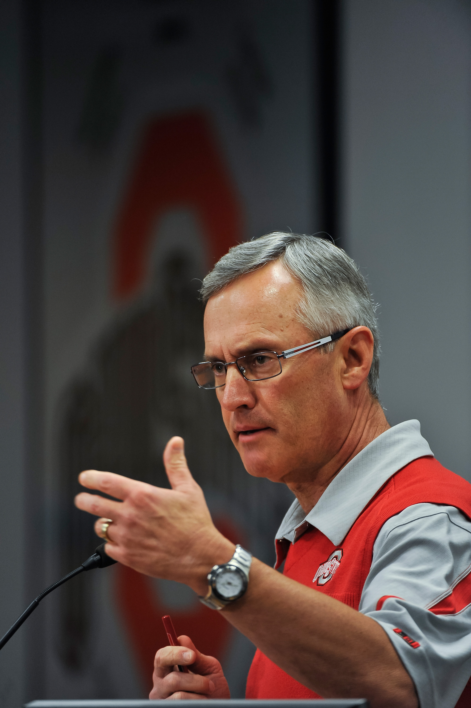 COLUMBUS, OH - MARCH 30:  Head Coach Jim Tressel speaks to the media during a press conference before the start of Spring practices at the Woody Hayes Athletic Center at The Ohio State University on March 30, 2011 in Columbus, Ohio. (Photo by Jamie Sabau/