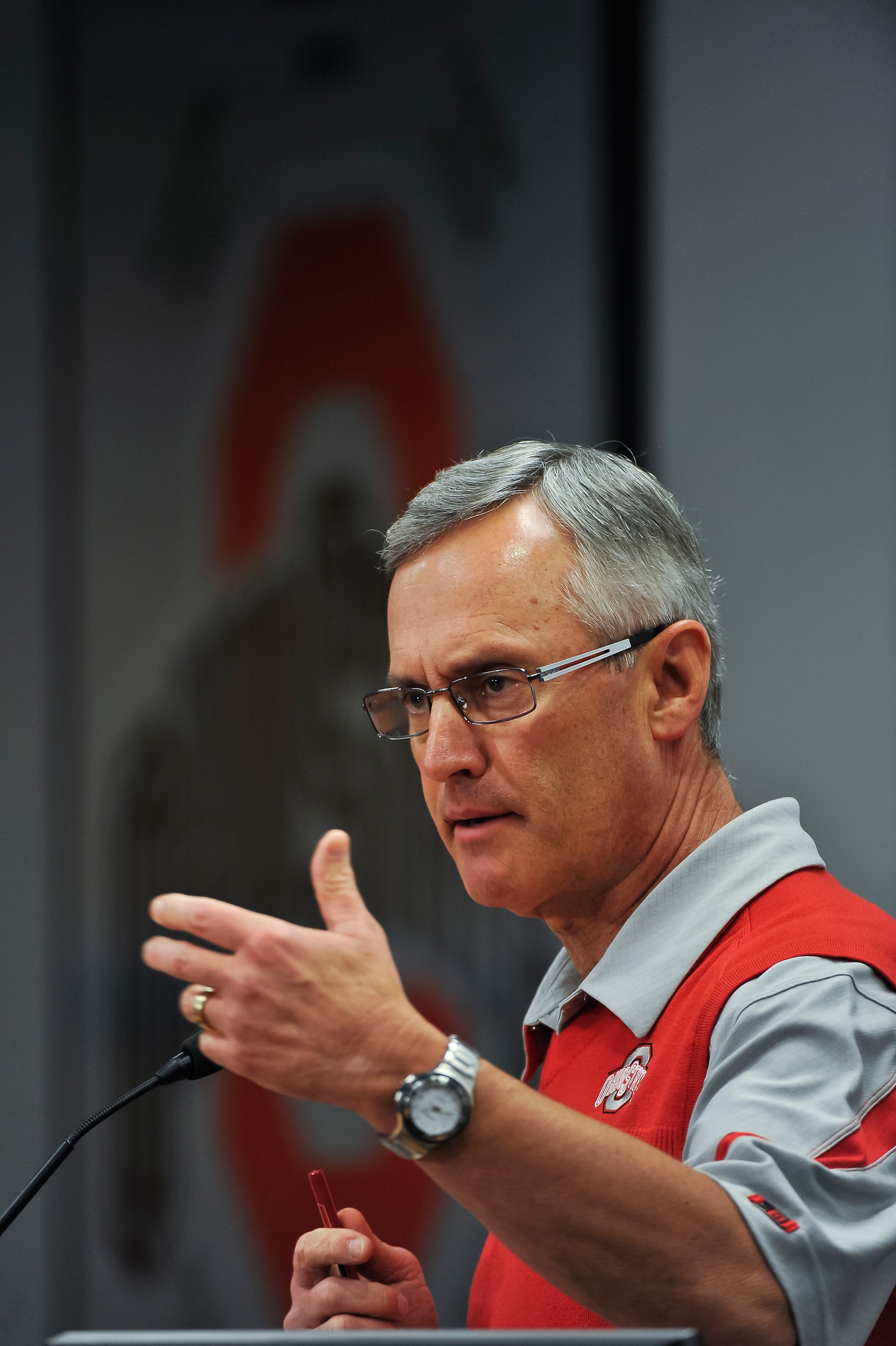 COLUMBUS, OH - MARCH 30:  Head Coach Jim Tressel speaks to the media during a press conference before the start of Spring practices at the Woody Hayes Athletic Center at The Ohio State University on March 30, 2011 in Columbus, Ohio. (Photo by Jamie Sabau/