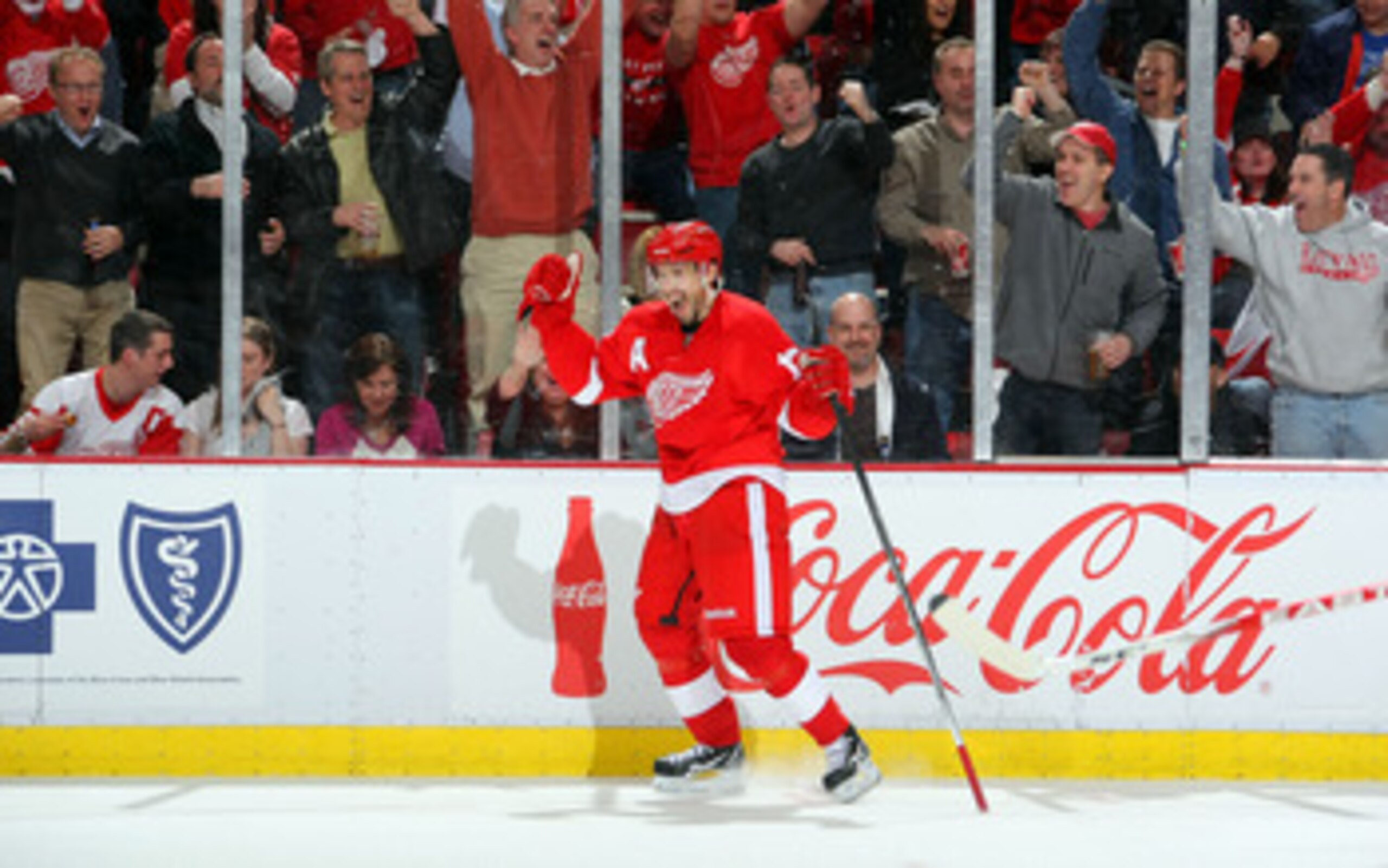 DETROIT,MI- APRIL 13: Pavel Datsyuk #13 of the Detroit Red Wings celebrates his 2nd period goal against the Phoenix Coyotes in Game One of the Western Conference Quarterfinals during the 2011 NHL Stanley Cup Playoffs at at Joe Louis Arena on April 13, 20 DETROIT,MI- APRIL 13: Pavel Datsyuk #13 of the Detroit Red Wings celebrates his 2nd period goal against the Phoenix Coyotes in Game One of the Western Conference Quarterfinals during the 2011 NHL Stanley Cup Playoffs at at Joe Louis Arena on April 13, 20