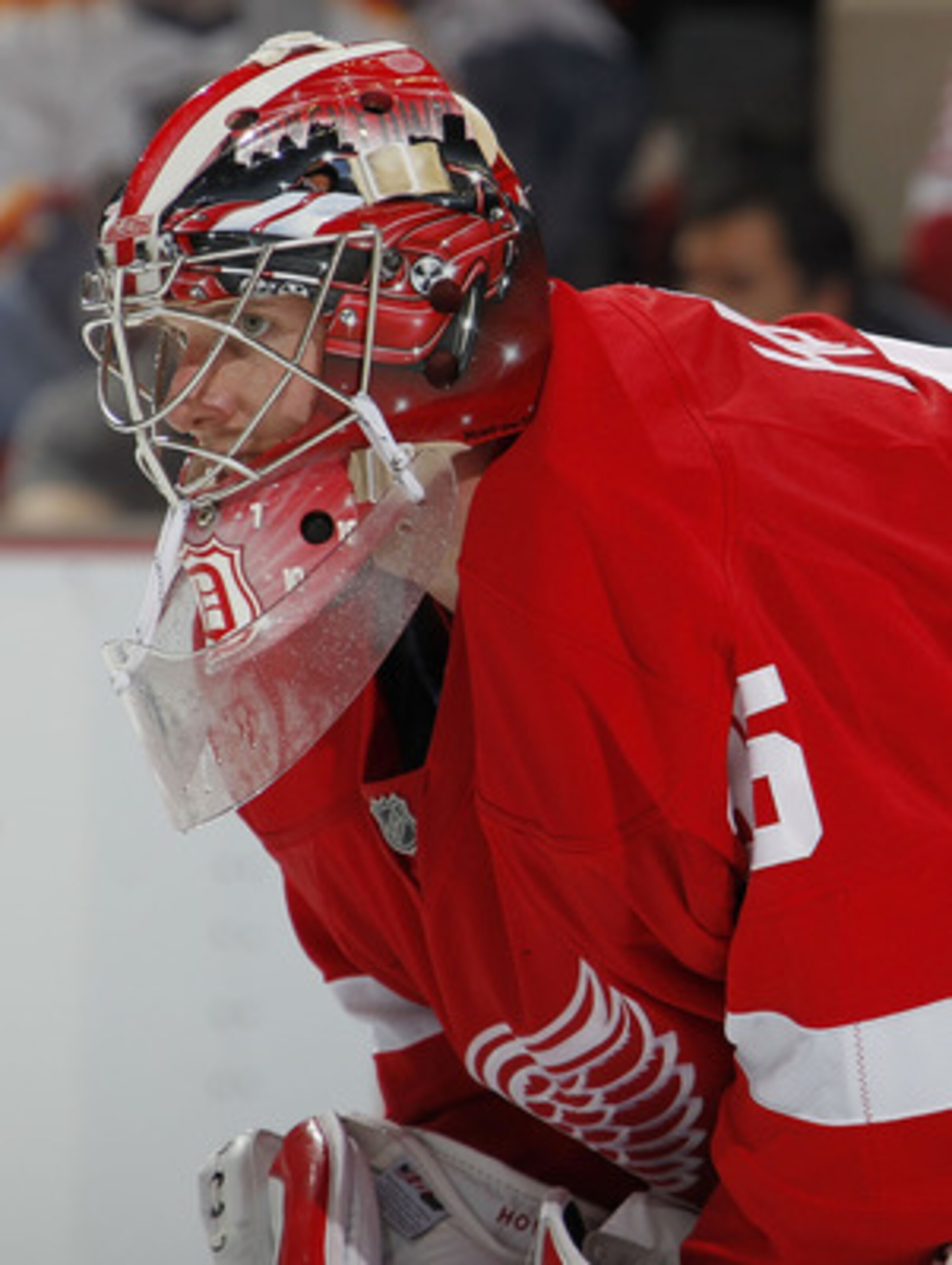 DETROIT, MI - APRIL 16: Jimmy Howard #35 of the Detroit Red Wings looks on while playing the Phoenix Coyotes with teammates after Game Two of the Western Conference Quarterfinals during the 2011 Stanley Cup Playoffs at Joe Louis Arena on April 16, 2011 i DETROIT, MI - APRIL 16: Jimmy Howard #35 of the Detroit Red Wings looks on while playing the Phoenix Coyotes with teammates after Game Two of the Western Conference Quarterfinals during the 2011 Stanley Cup Playoffs at Joe Louis Arena on April 16, 2011 i
