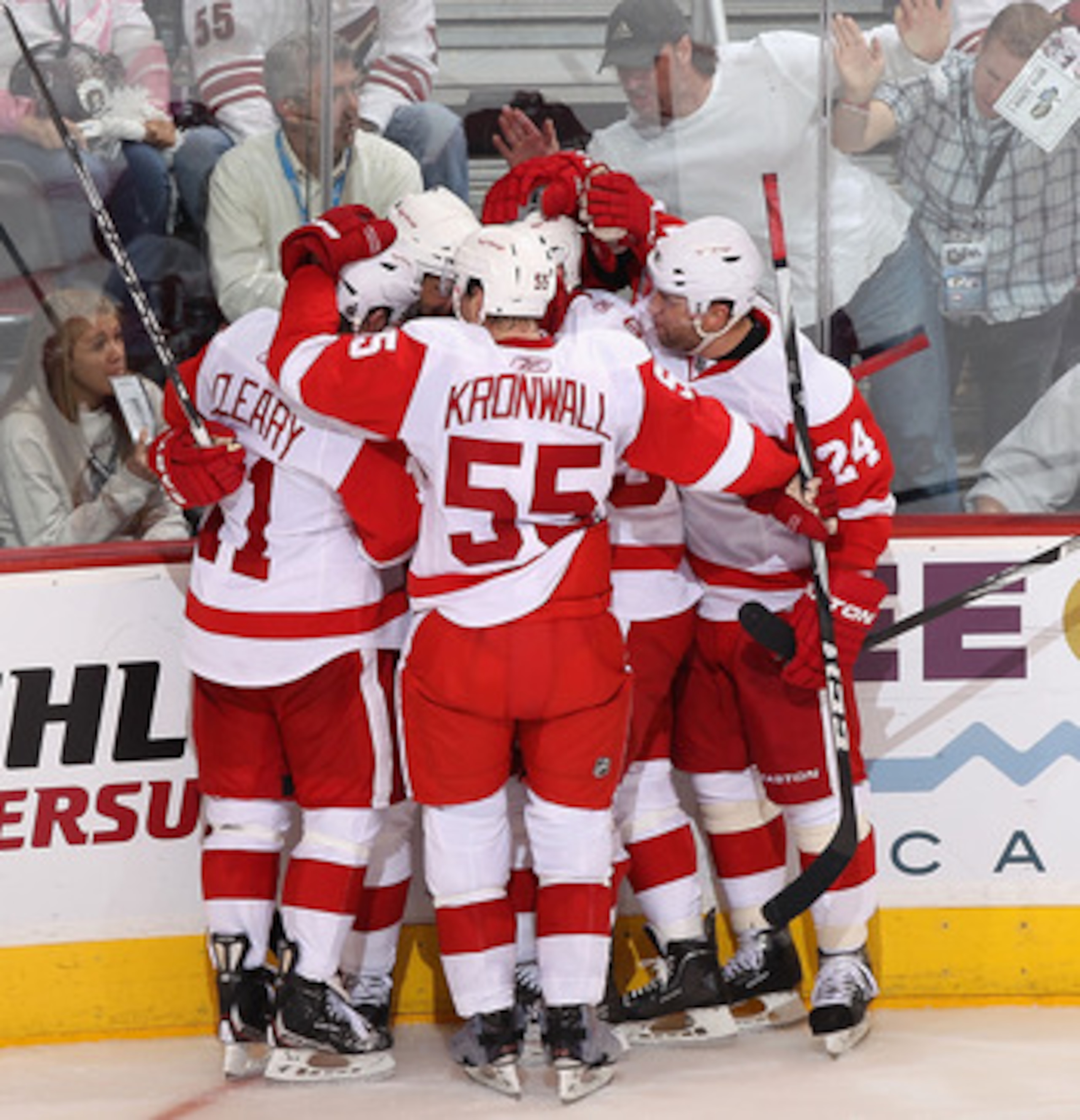 GLENDALE, AZ - APRIL 20: The Detroit Red Wings celebrate after Todd Bertuzzi #44 scored a third period goal against the Phoenix Coyotes in Game Four of the Western Conference Quarterfinals during the 2011 NHL Stanley Cup Playoffs at Jobing.com Arena on A GLENDALE, AZ - APRIL 20: The Detroit Red Wings celebrate after Todd Bertuzzi #44 scored a third period goal against the Phoenix Coyotes in Game Four of the Western Conference Quarterfinals during the 2011 NHL Stanley Cup Playoffs at Jobing.com Arena on A