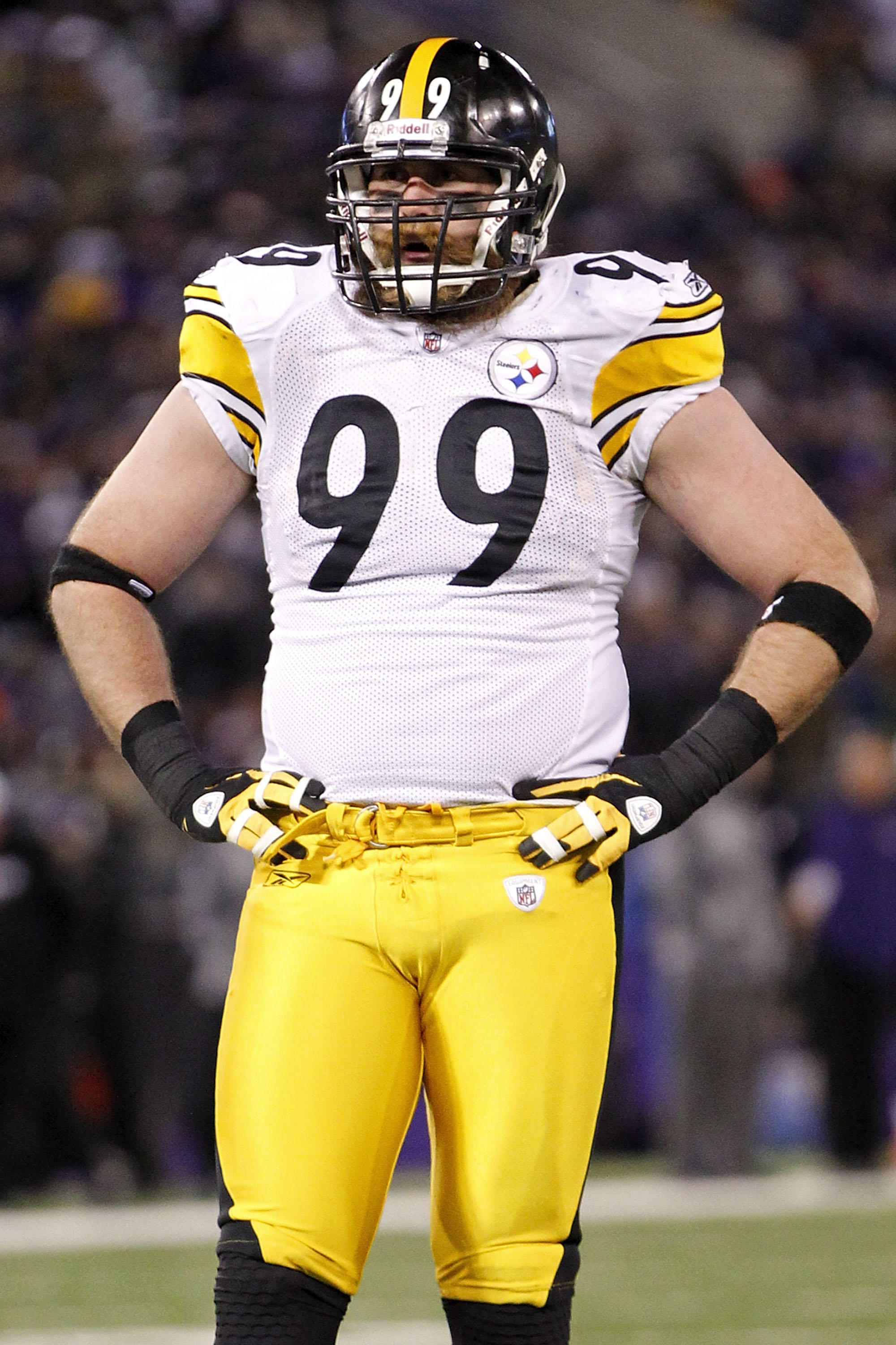 BALTIMORE, MD - DECEMBER 05: Brett Keisel #99 of the Pittsburgh Steelers stands on the field against the Baltimore Ravens at M&T Bank Stadium on December 5, 2010 in Baltimore, Maryland.  (Photo by Geoff Burke/Getty Images)
