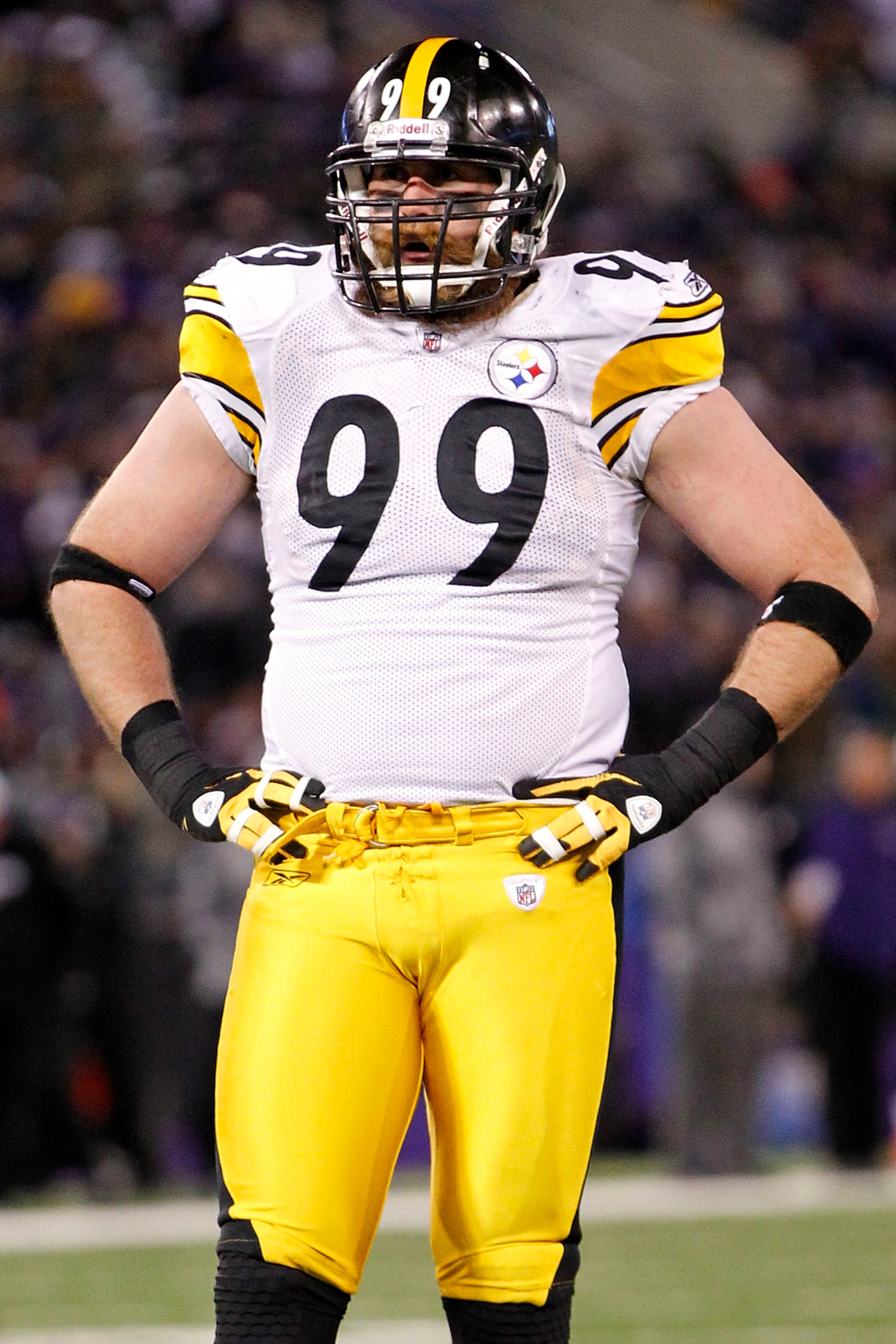 BALTIMORE, MD - DECEMBER 05: Brett Keisel #99 of the Pittsburgh Steelers stands on the field against the Baltimore Ravens at M&T Bank Stadium on December 5, 2010 in Baltimore, Maryland.  (Photo by Geoff Burke/Getty Images)