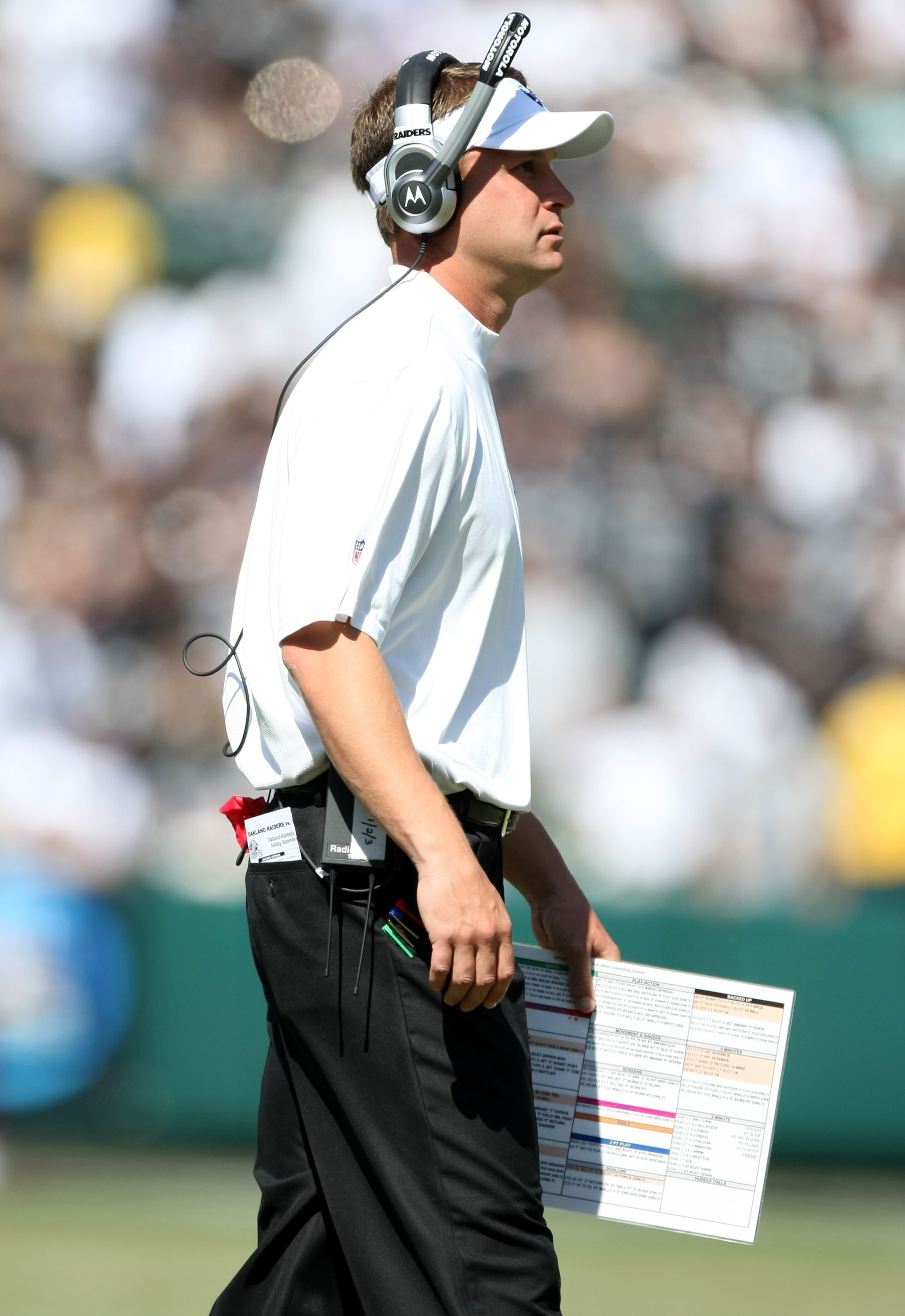 OAKLAND, CA - SEPTEMBER 28:  Head coach Lane Kiffin of the Oakland Raiders looks on against the San Diego Chargers during an NFL game on September 28, 2008 at McAfee Coliseum in Oakland, California.  (Photo by Jed Jacobsohn/Getty Images)