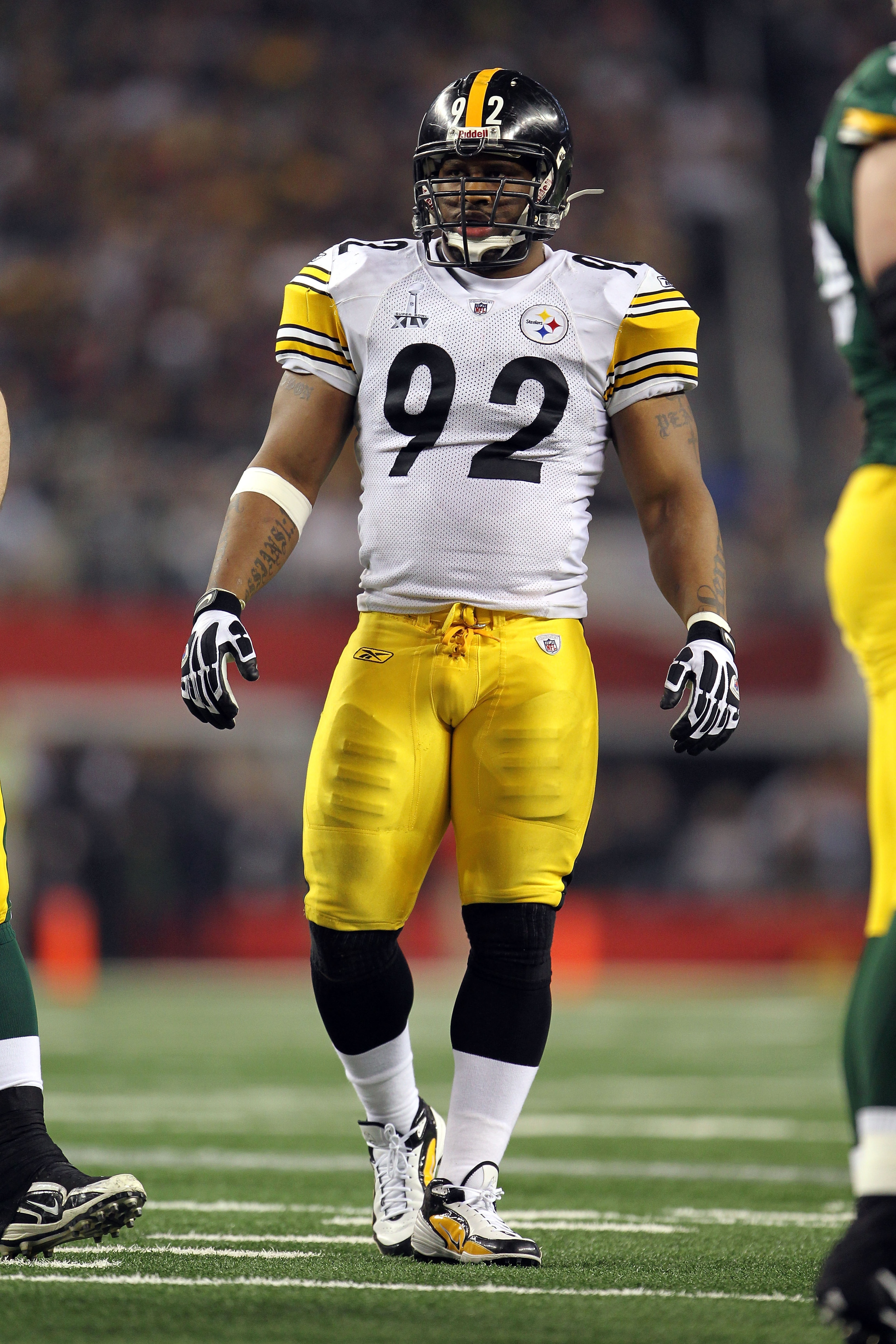 ARLINGTON, TX - FEBRUARY 06:  James Harrison #92 of the Pittsburgh Steelers stands on the field against the Green Bay Packers during Super Bowl XLV at Cowboys Stadium on February 6, 2011 in Arlington, Texas. The Packers won 31-25. (Photo by Jamie Squire/G