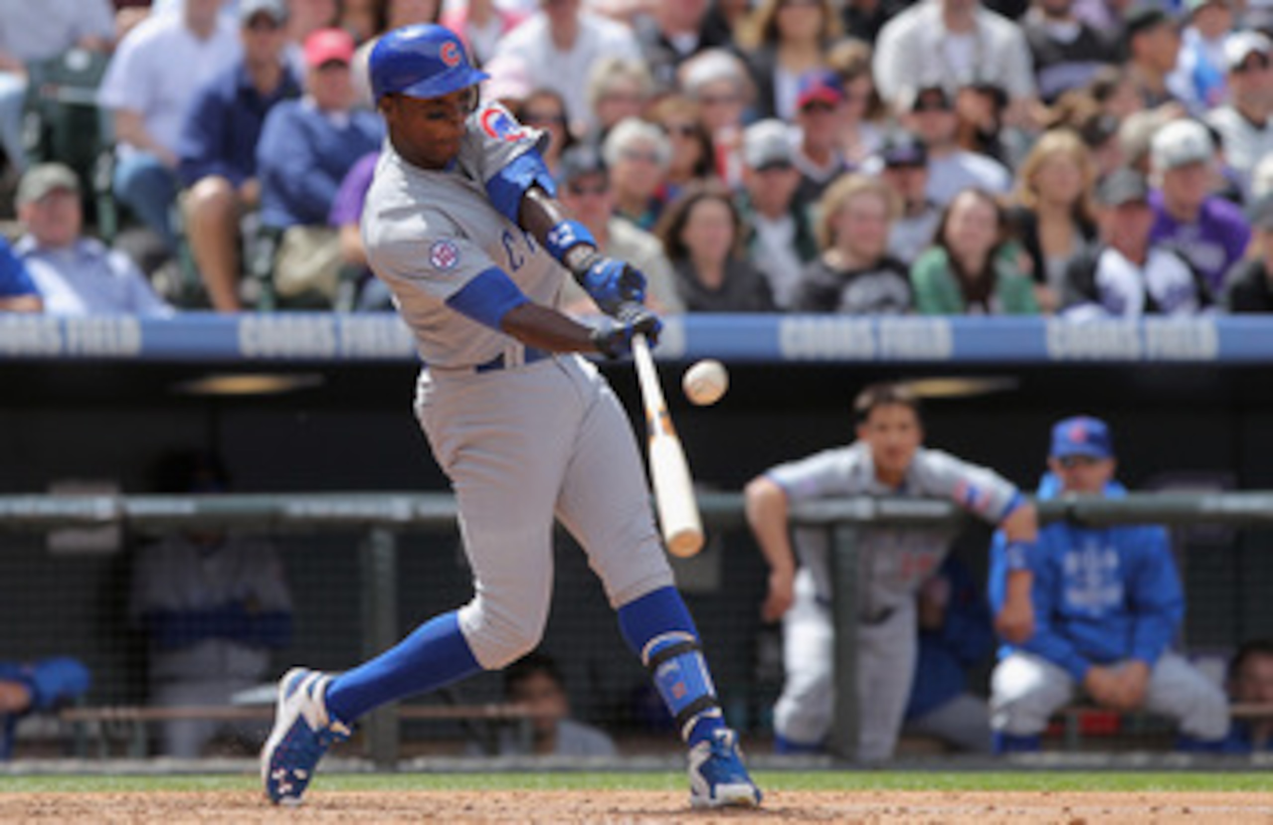 DENVER, CO - APRIL 17:  Alfonso Soriano #12 of the Chicago Cubs takes an at bat against the Colorado Rockies at Coors Field on April 17, 2011 in Denver, Colorado.  (Photo by Doug Pensinger/Getty Images)