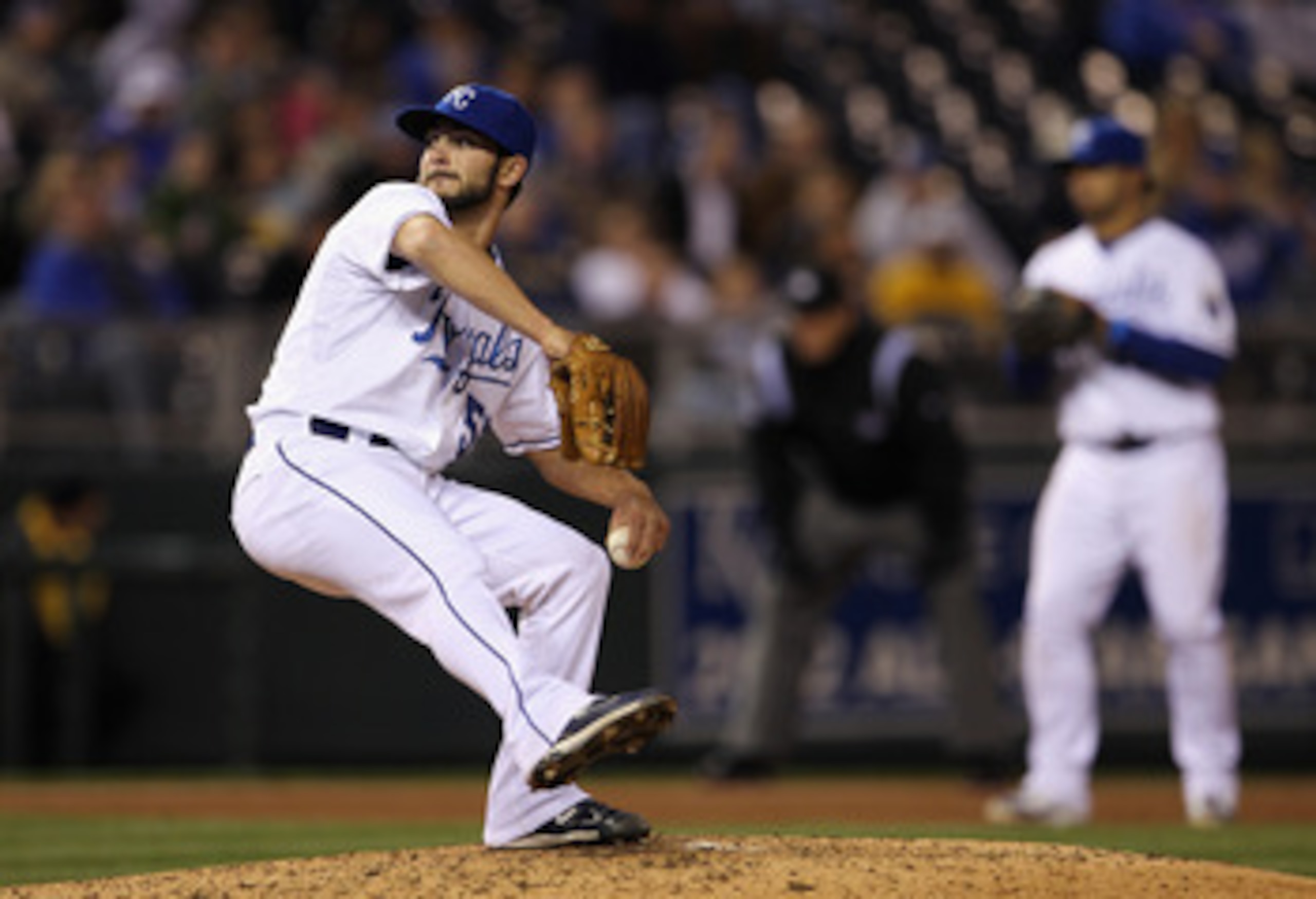 KANSAS CITY, MO - APRIL 20:  Pitcher Tim Collins #55 of the Kansas City Royals in action during the game against the Cleveland Indians on April 20, 2011 at Kauffman Stadium in Kansas City, Missouri.  (Photo by Jamie Squire/Getty Images)