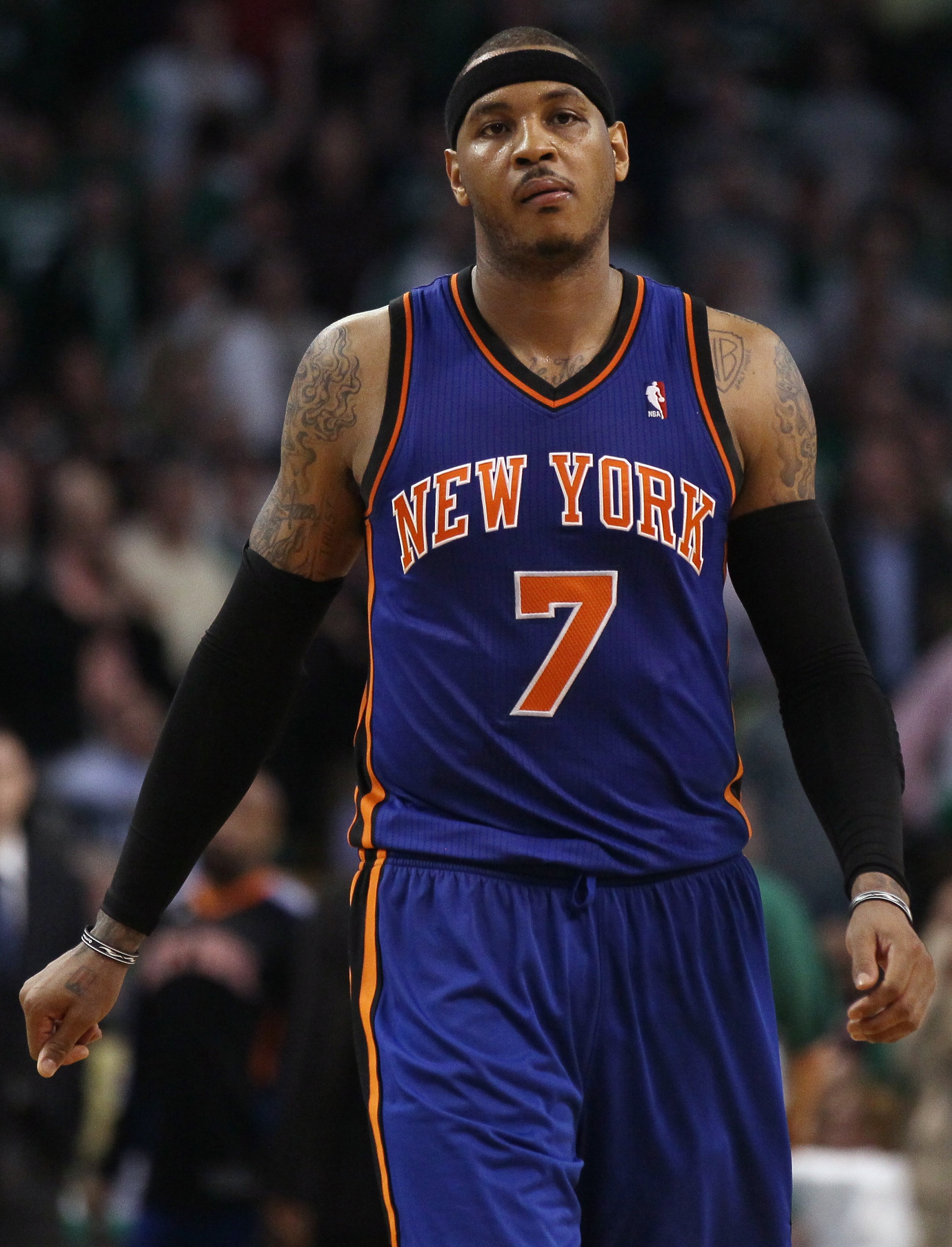 BOSTON, MA - APRIL 19: Carmelo Anthony #7 of the New York Knicks reacts late in the fourth quarter against the Boston Celtics in Game Two of the Eastern Conference Quarterfinals in the 2011 NBA Playoffs on April 19, 2011 at the TD Garden in Boston, Massa BOSTON, MA - APRIL 19: Carmelo Anthony #7 of the New York Knicks reacts late in the fourth quarter against the Boston Celtics in Game Two of the Eastern Conference Quarterfinals in the 2011 NBA Playoffs on April 19, 2011 at the TD Garden in Boston, Massa